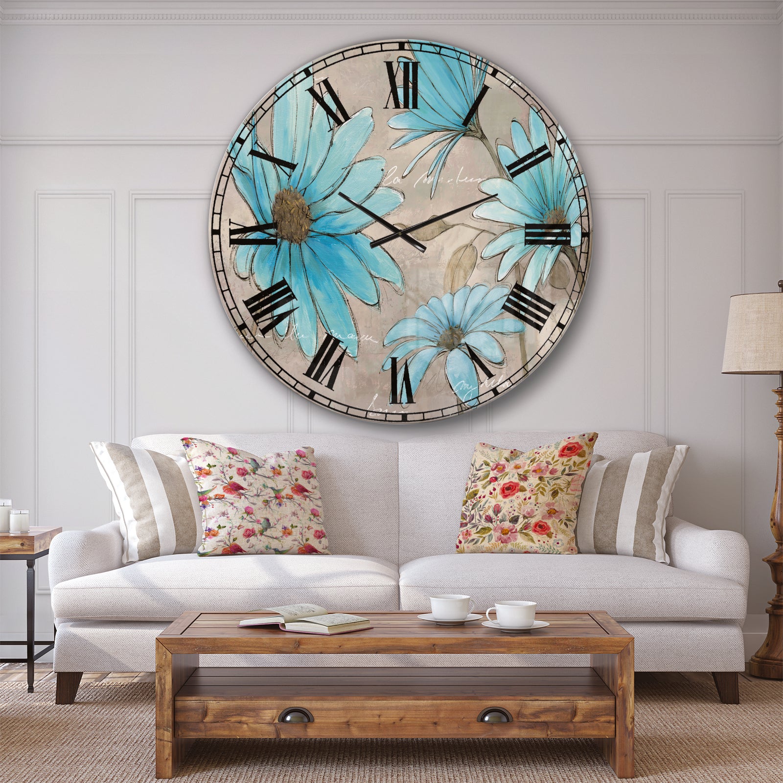 Indigo Leucanthemum Cottage Flower - Traditional Large Wall CLock