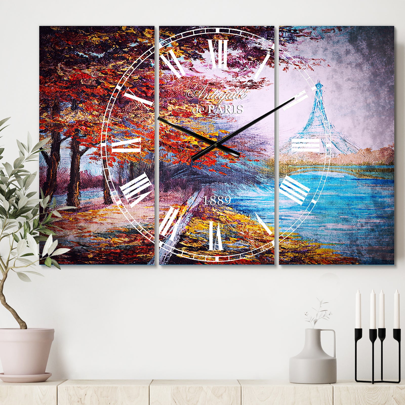 Paris Eiffel Tower View in Fall - Cottage 3 Panels Large Wall CLock