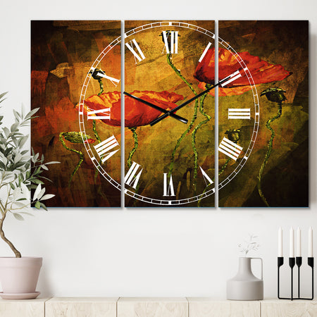 Watercolor Poppy Flowers - Cottage 3 Panels Large Wall CLock