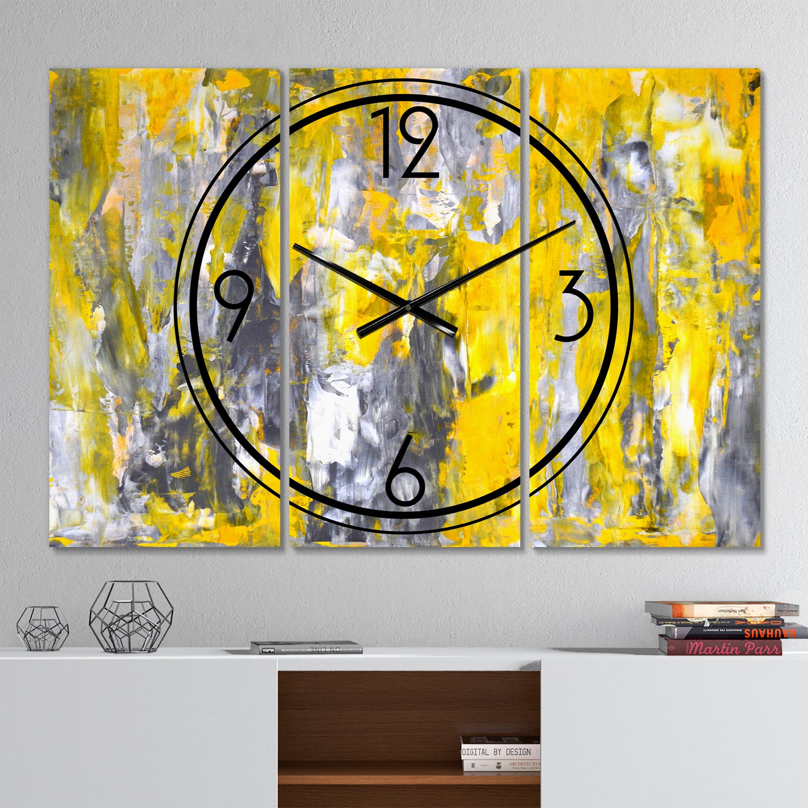 Grey and Yellow Abstract Pattern - Modern 3 Panels Oversized Wall CLock