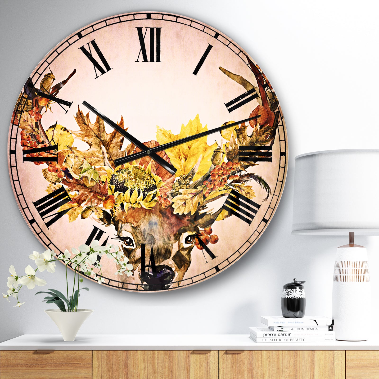 Roe Deer with Flowers - Floral Large Wall CLock