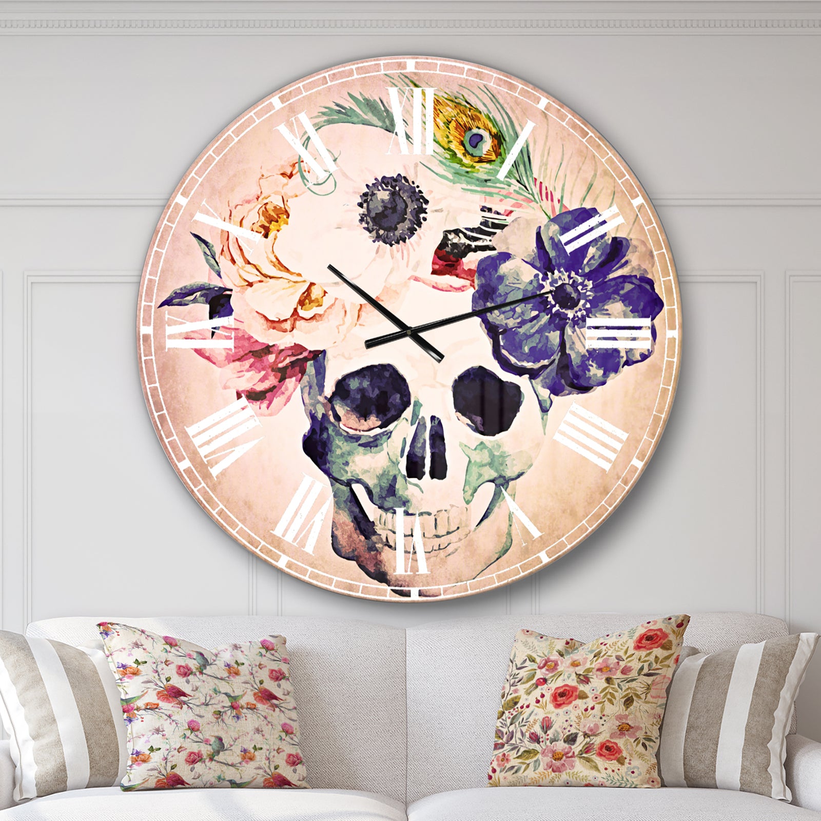 Anemones and Scull - Floral Large Wall CLock
