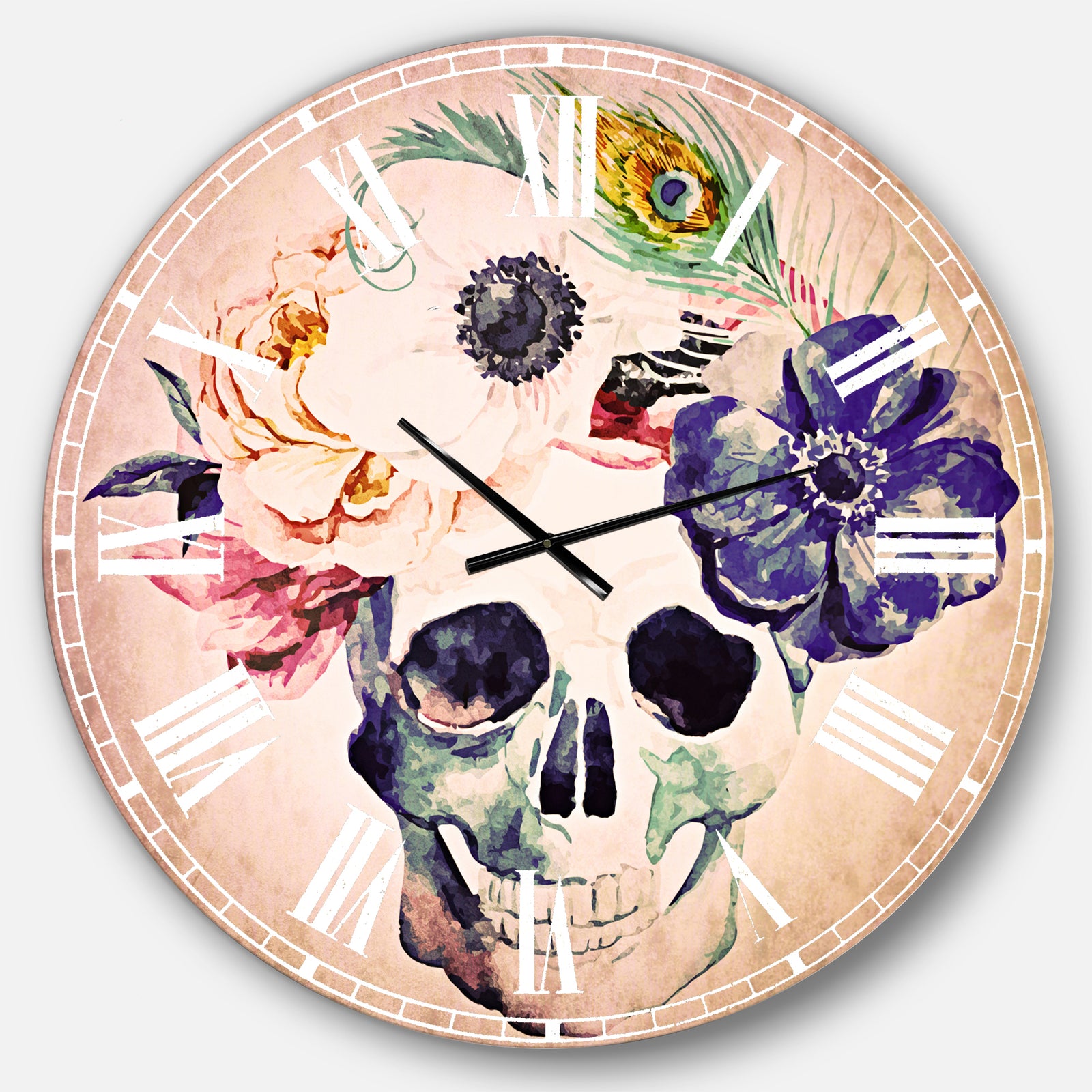 Anemones and Scull - Floral Large Wall CLock