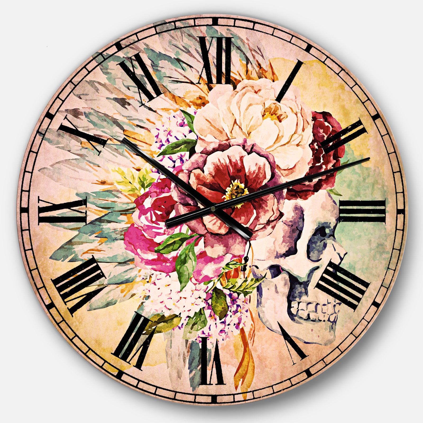 Skull and Flowers - Floral Large Wall CLock
