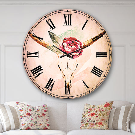 Bull Skull and Flower - Floral Wall CLock
