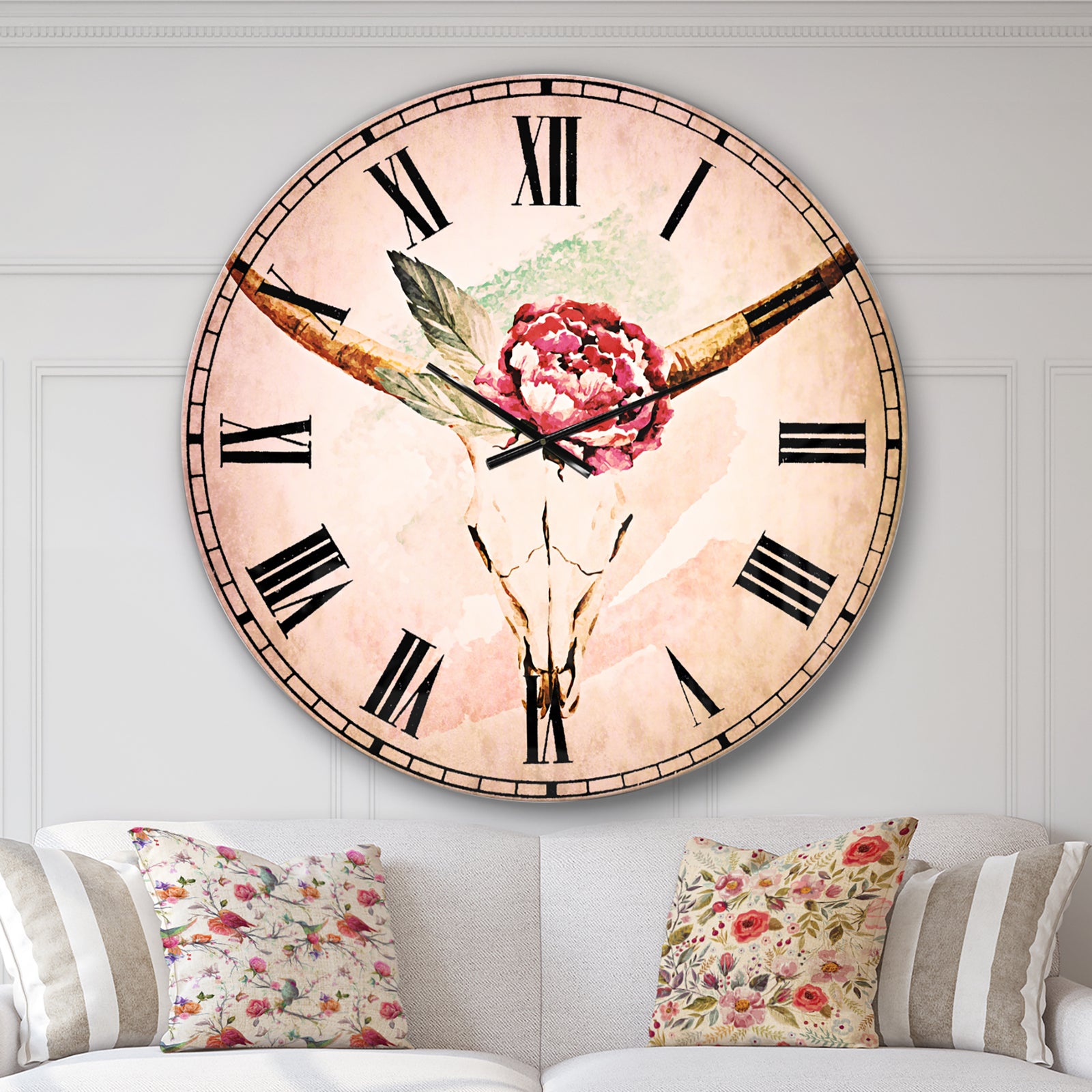 Bull Skull and Flower - Floral Wall CLock