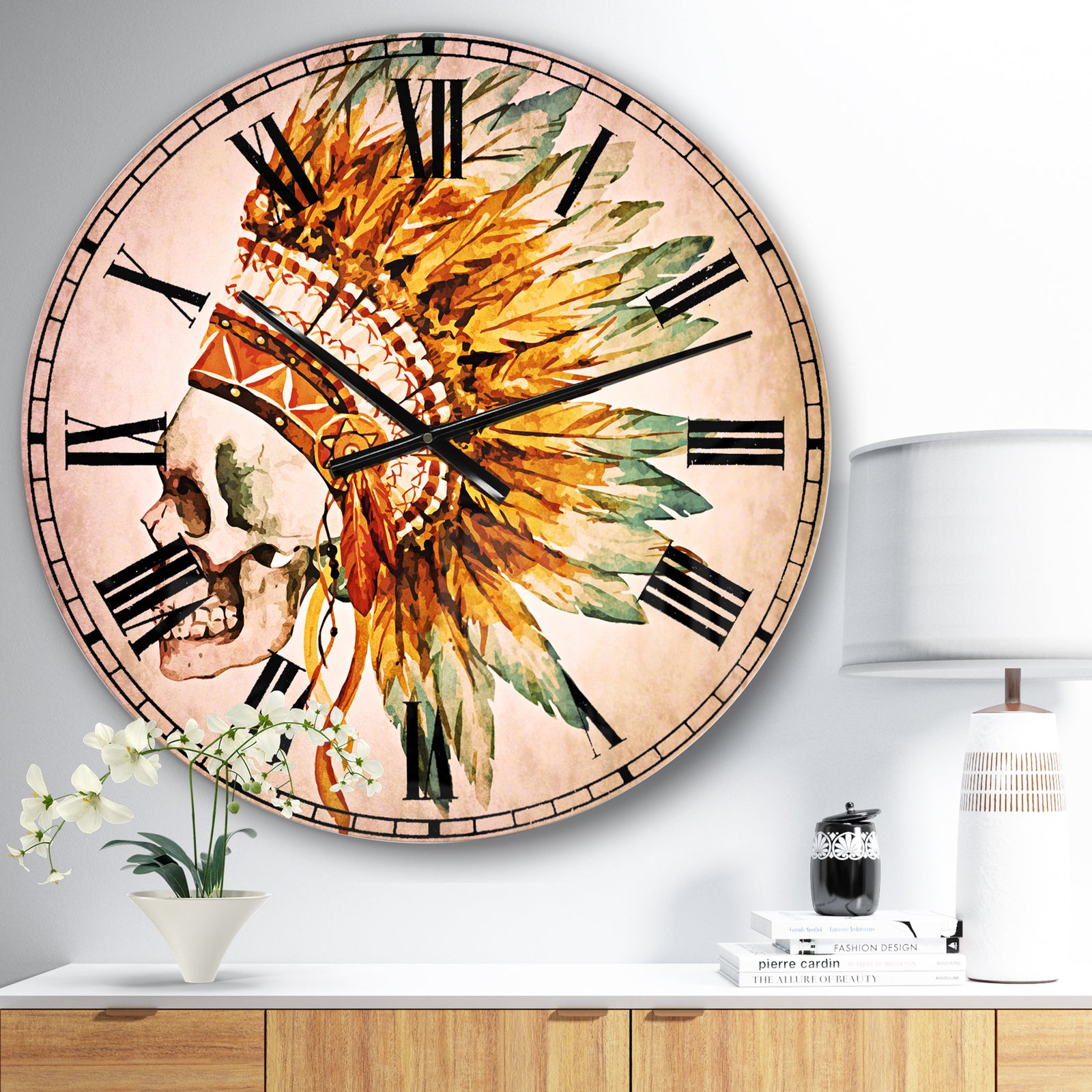 Skull with Feathers - Abstract Large Wall CLock