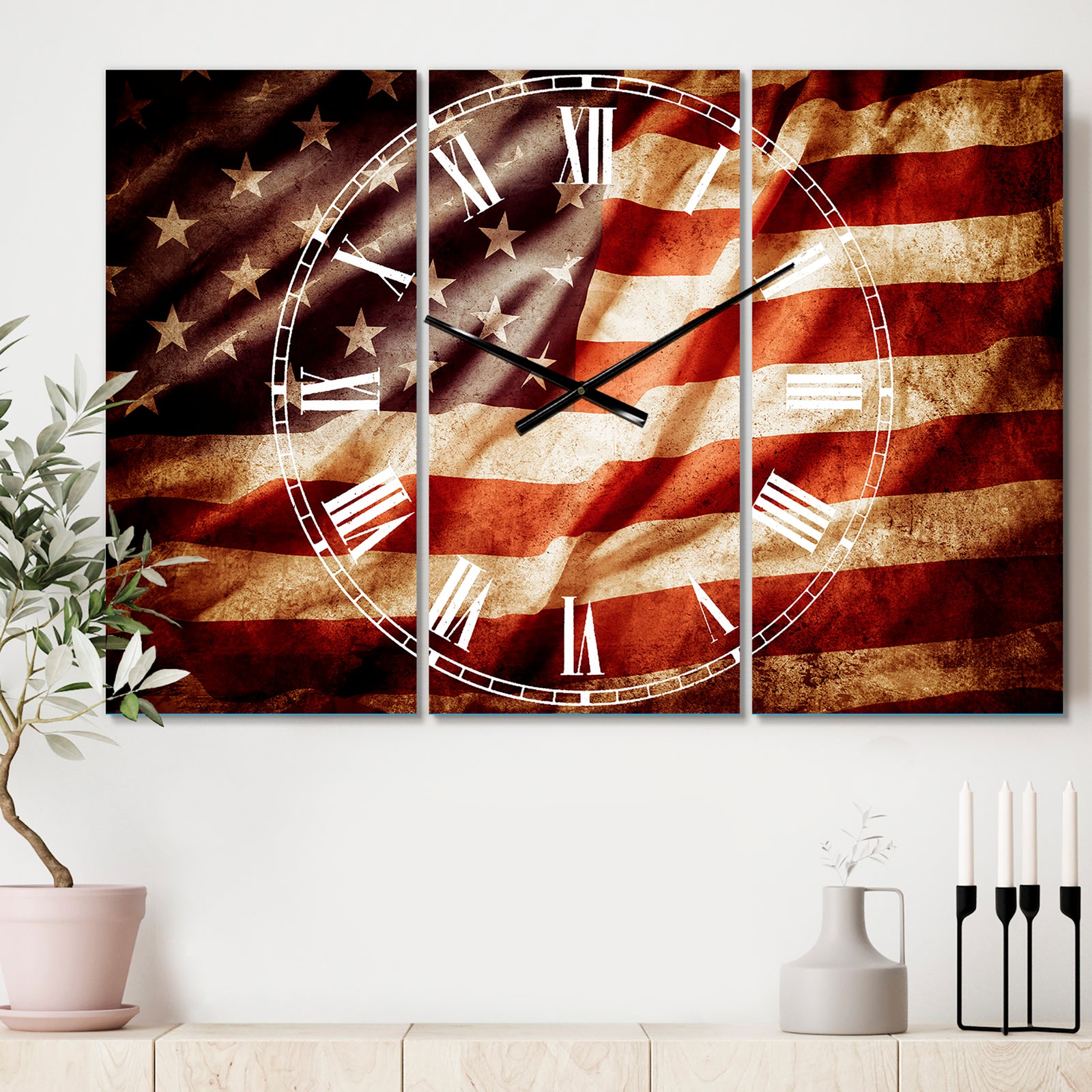 American Flag - Cottage 3 Panels Oversized Wall CLock