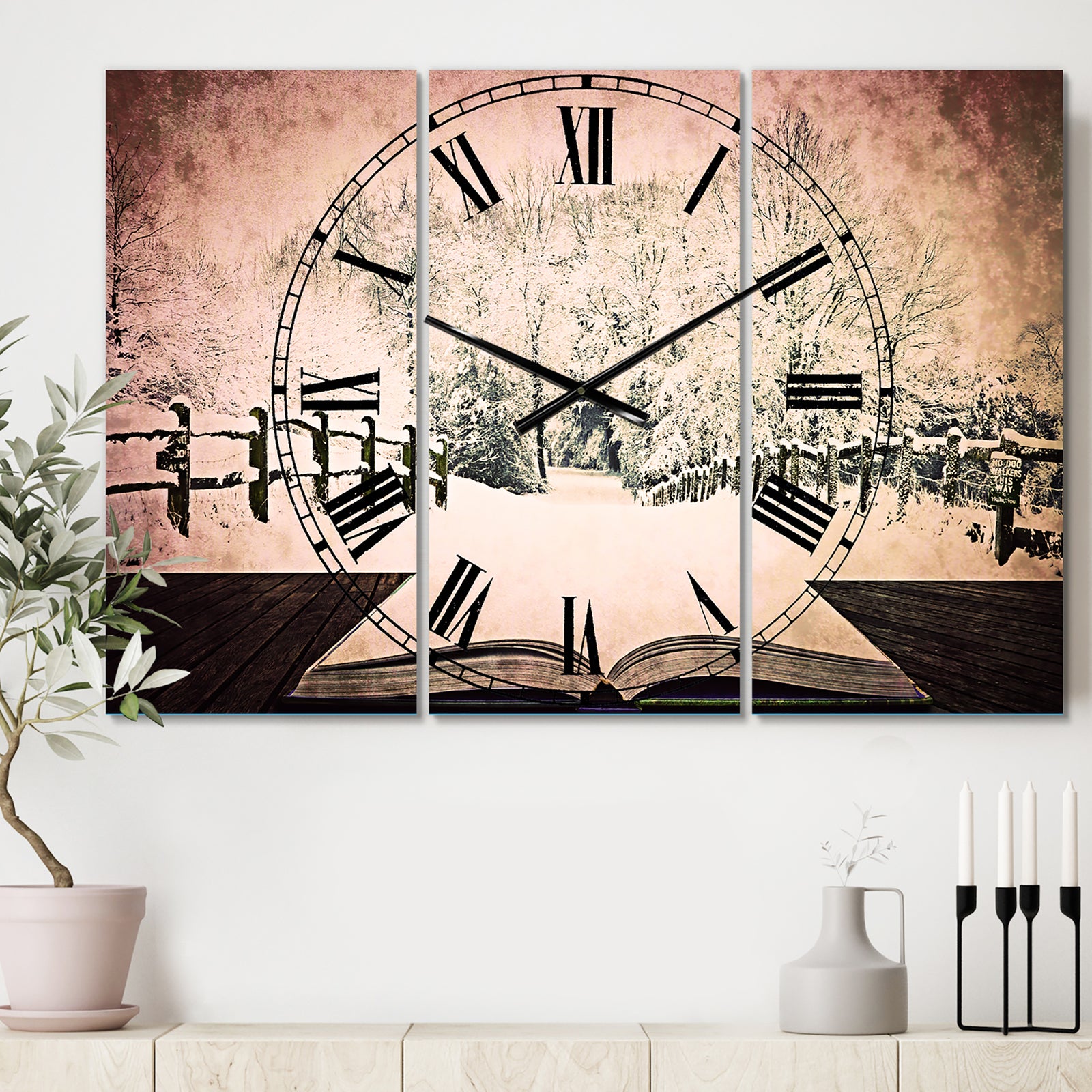 Winter Wonderland - Cottage 3 Panels Oversized Wall CLock