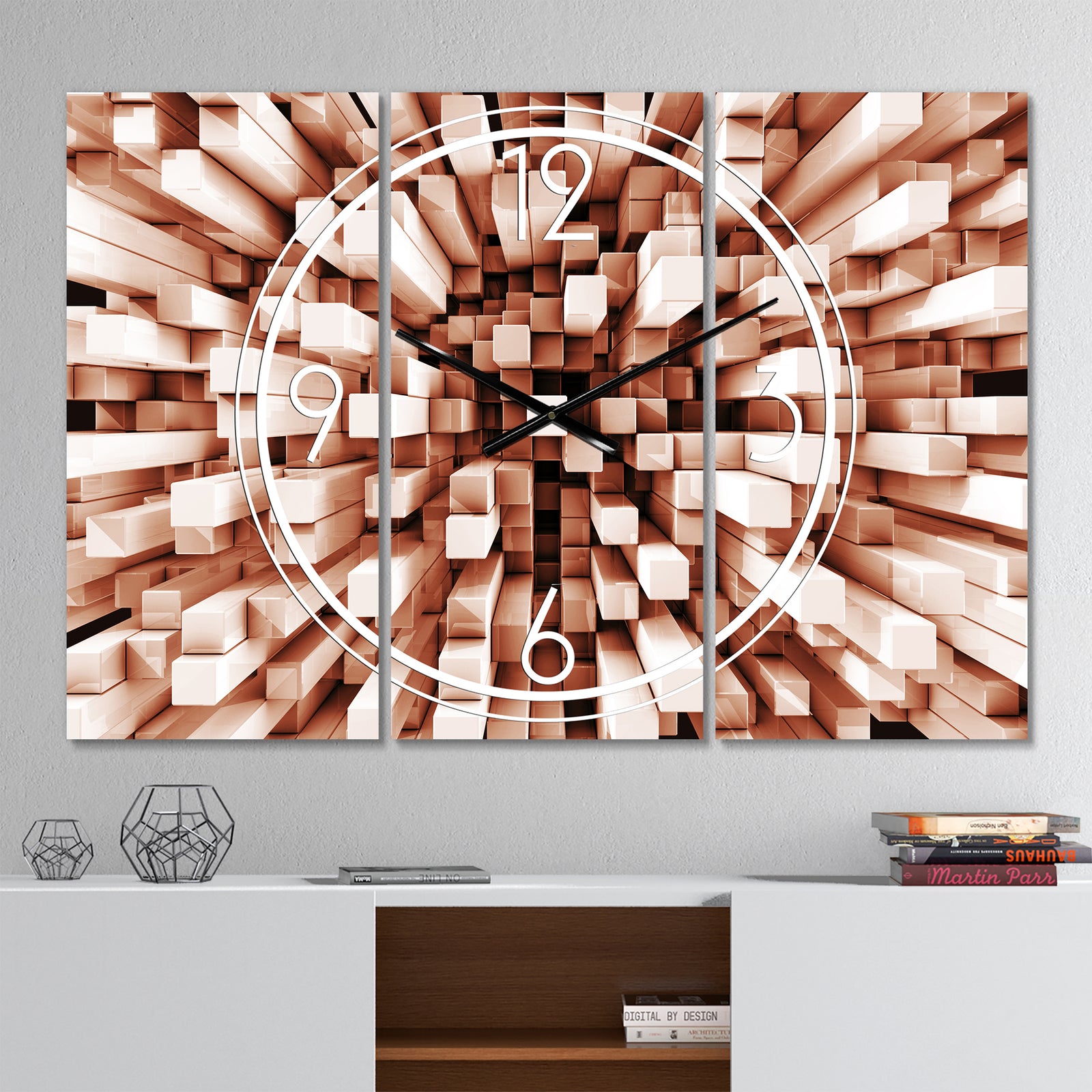 Reflective Checkered Cube - Modern 3 Panels Oversized Wall CLock