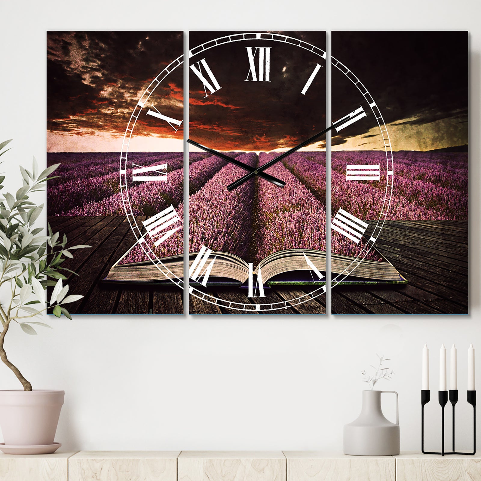 Book Open to Lavender Field - Cottage 3 Panels Large Wall CLock