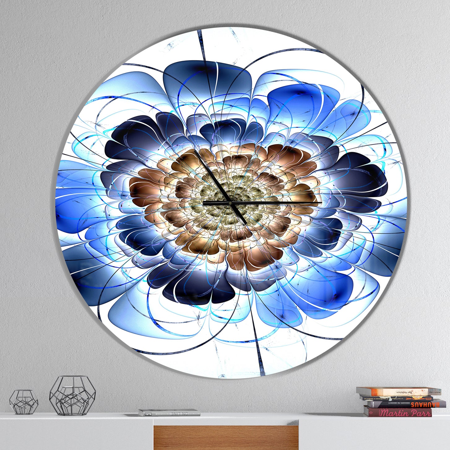 Dark Blue Fractal Flower - Oversized Modern Wall CLock