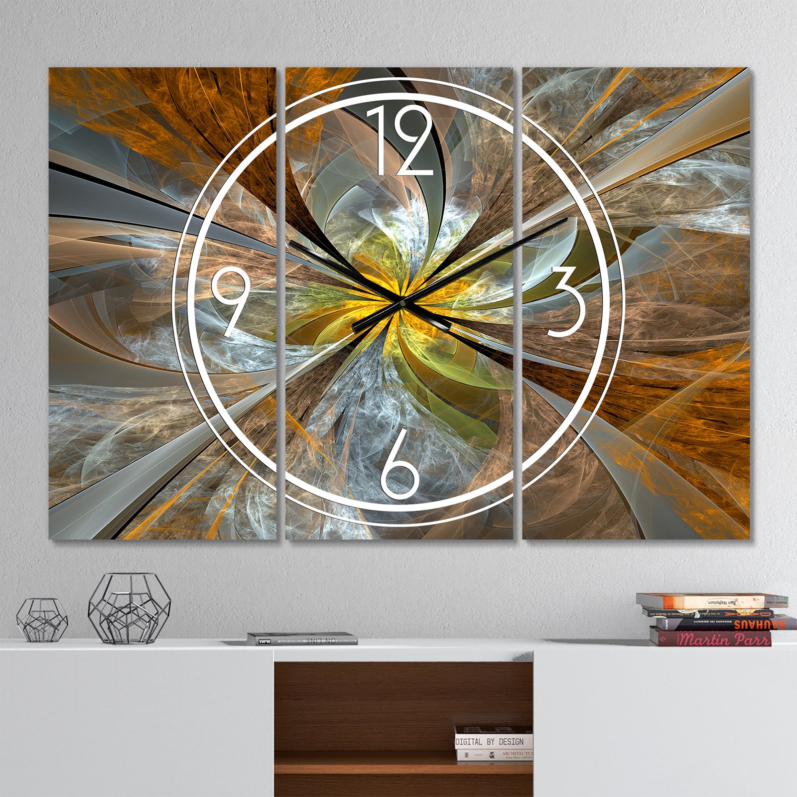 Symmetrical Yellow Fractal Flower - Modern 3 Panels Oversized Wall CLock