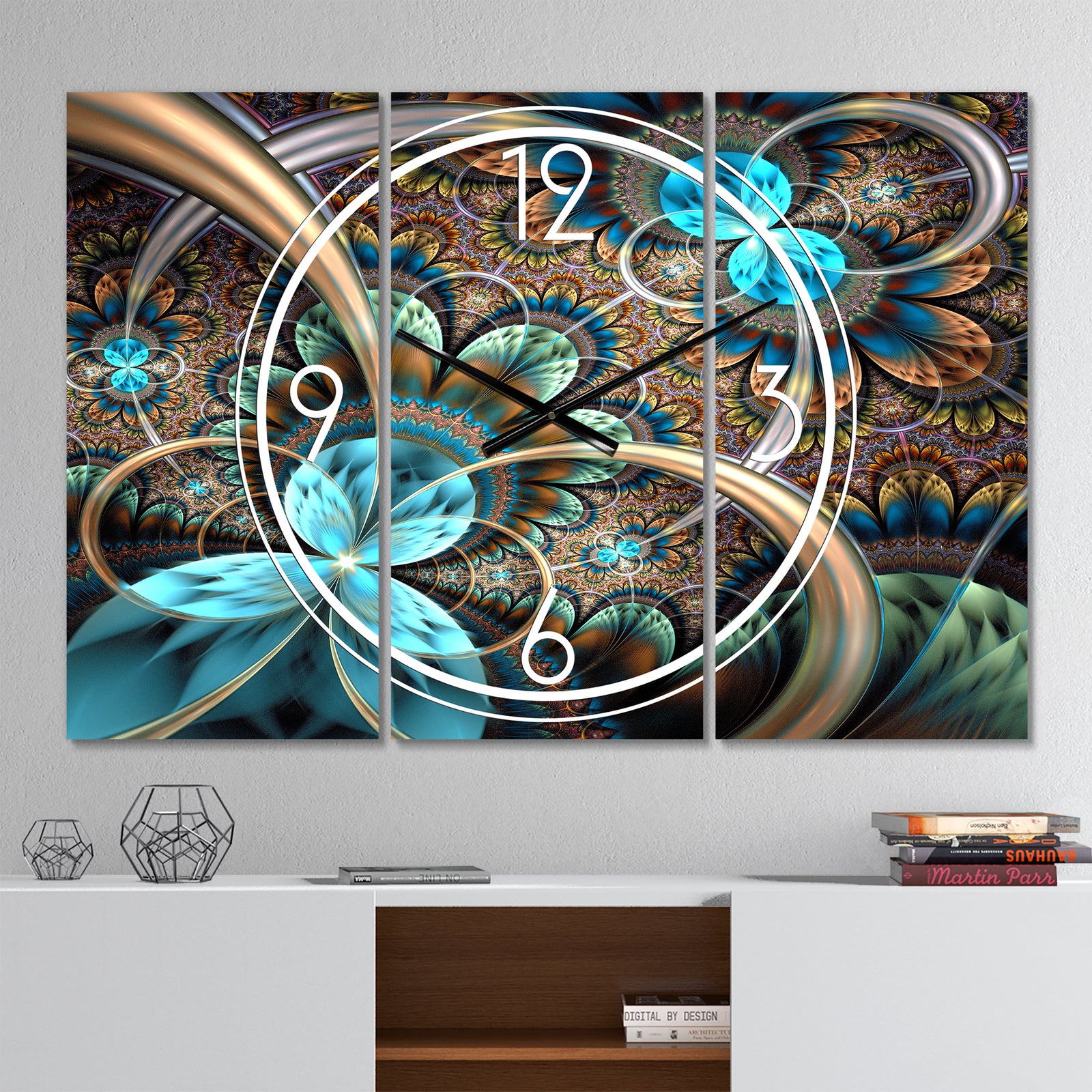 Light Blue Fractal Flower - Modern 3 Panels Oversized Wall CLock