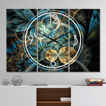 Symmetrical Blue Gold Fractal Flower - Modern 3 Panels Large Wall CLock