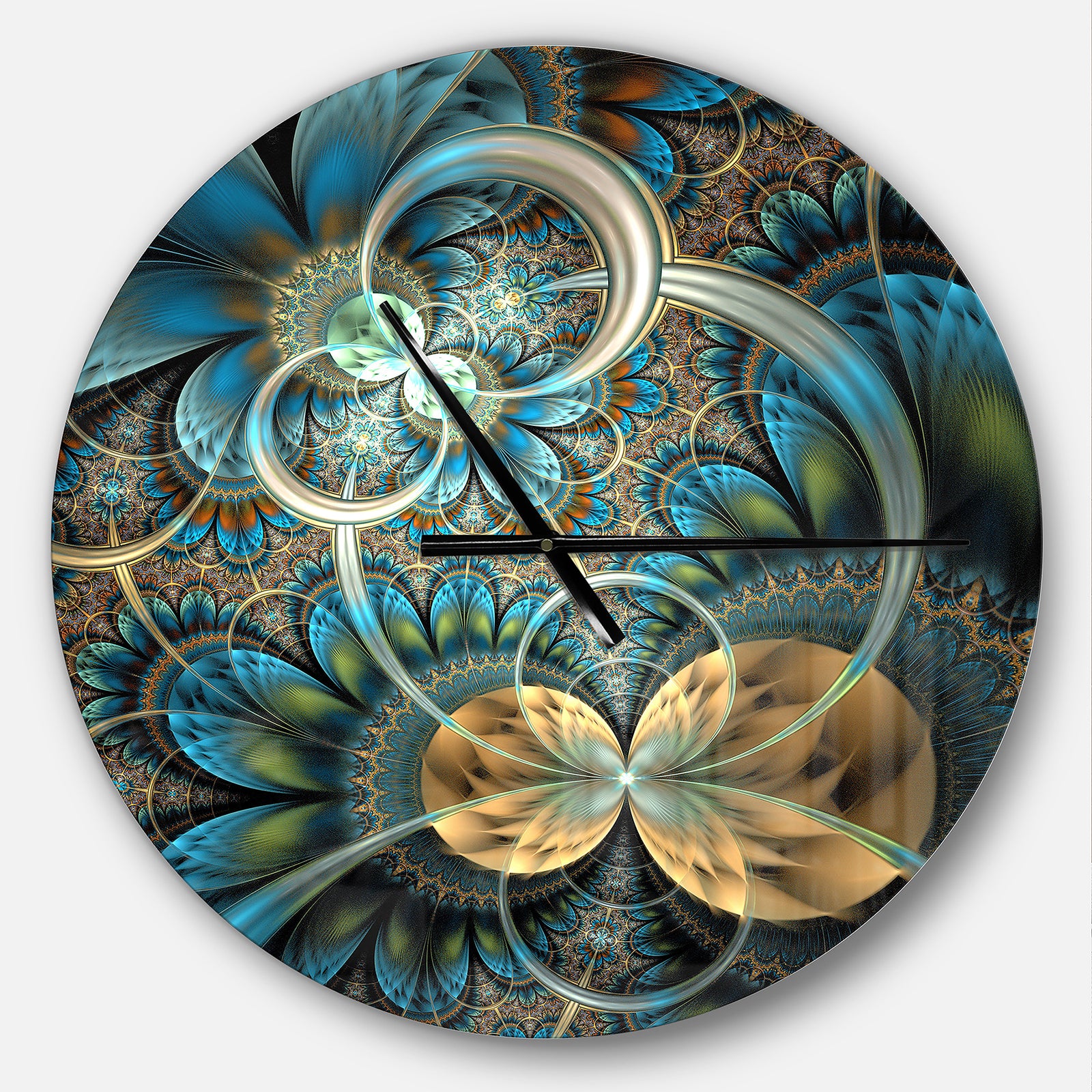 Symmetrical Blue Gold Fractal Flower - Oversized Modern Wall CLock