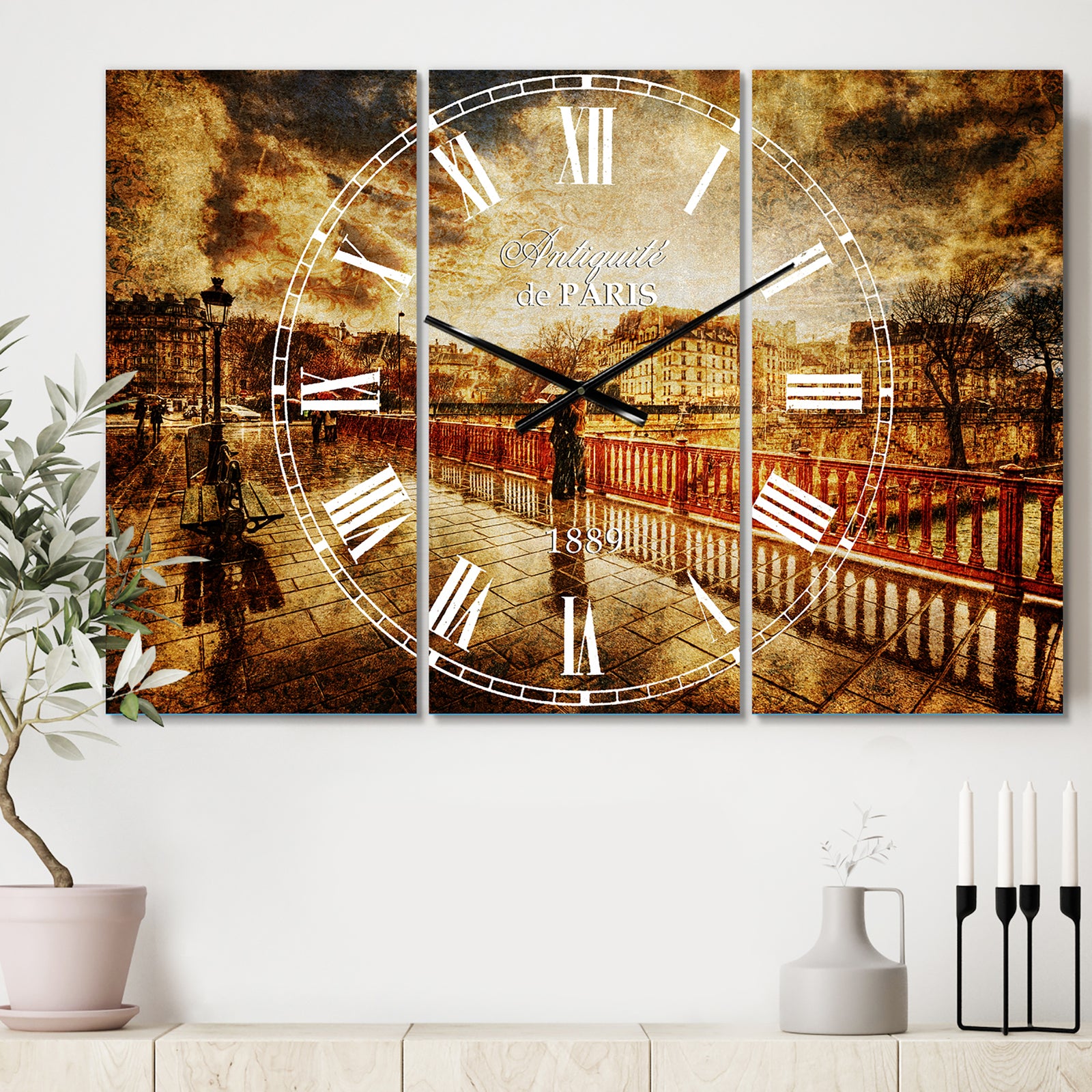 Bridge in Rain - Cottage 3 Panels Oversized Wall CLock