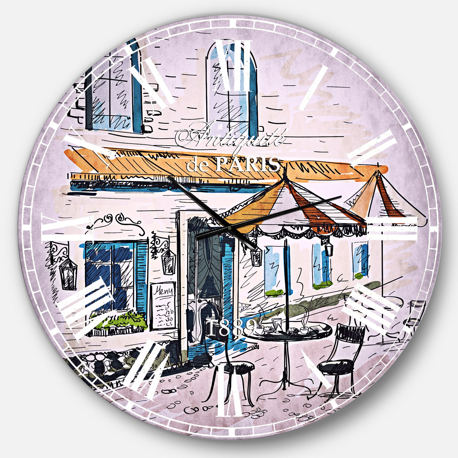 Street Café - Watercolor Painting Large Wall CLock