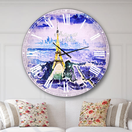 Paris Eiffel Toweron Blue Background - Contemporary Oversized Wall CLock