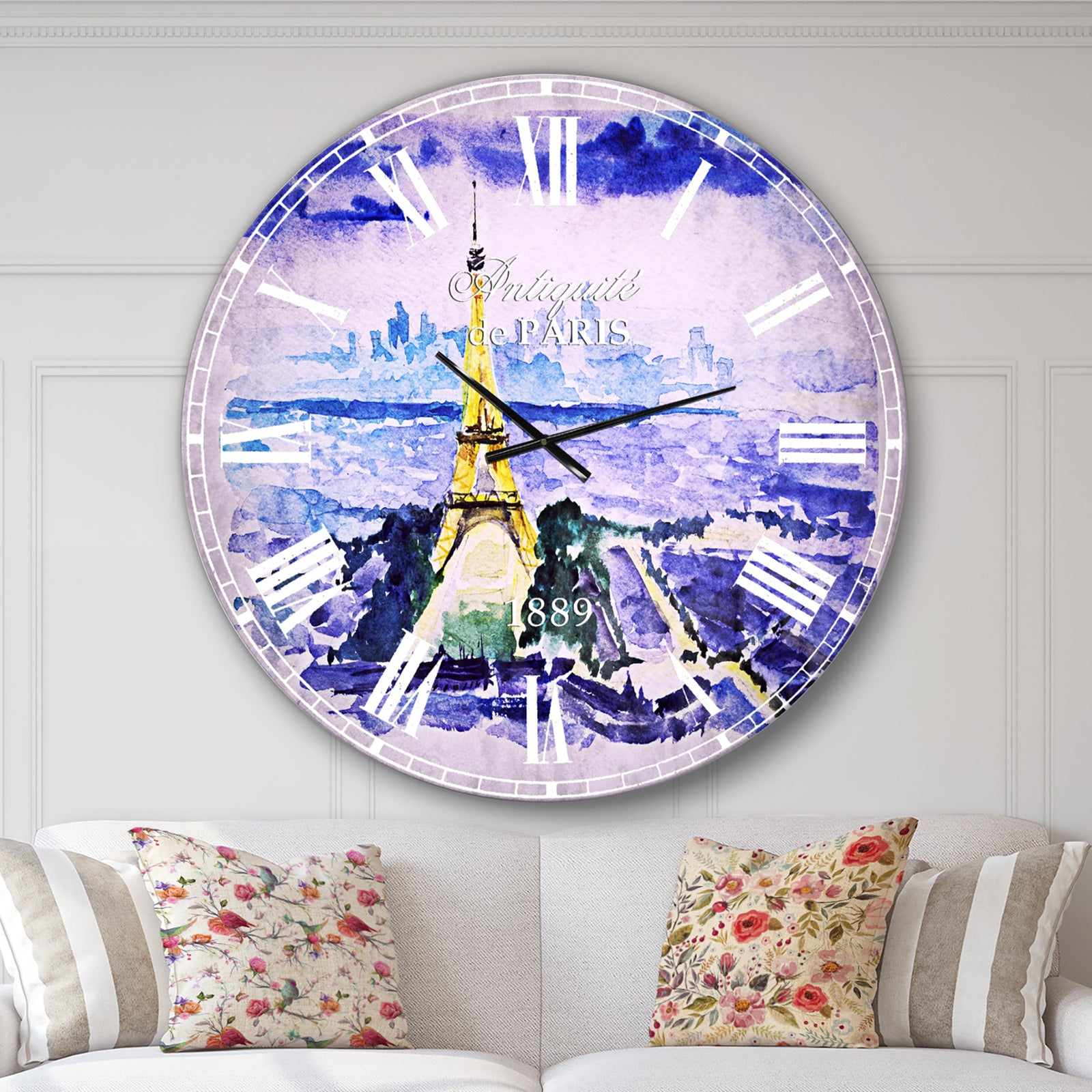 Paris Eiffel Toweron Blue Background - Contemporary Oversized Wall CLock