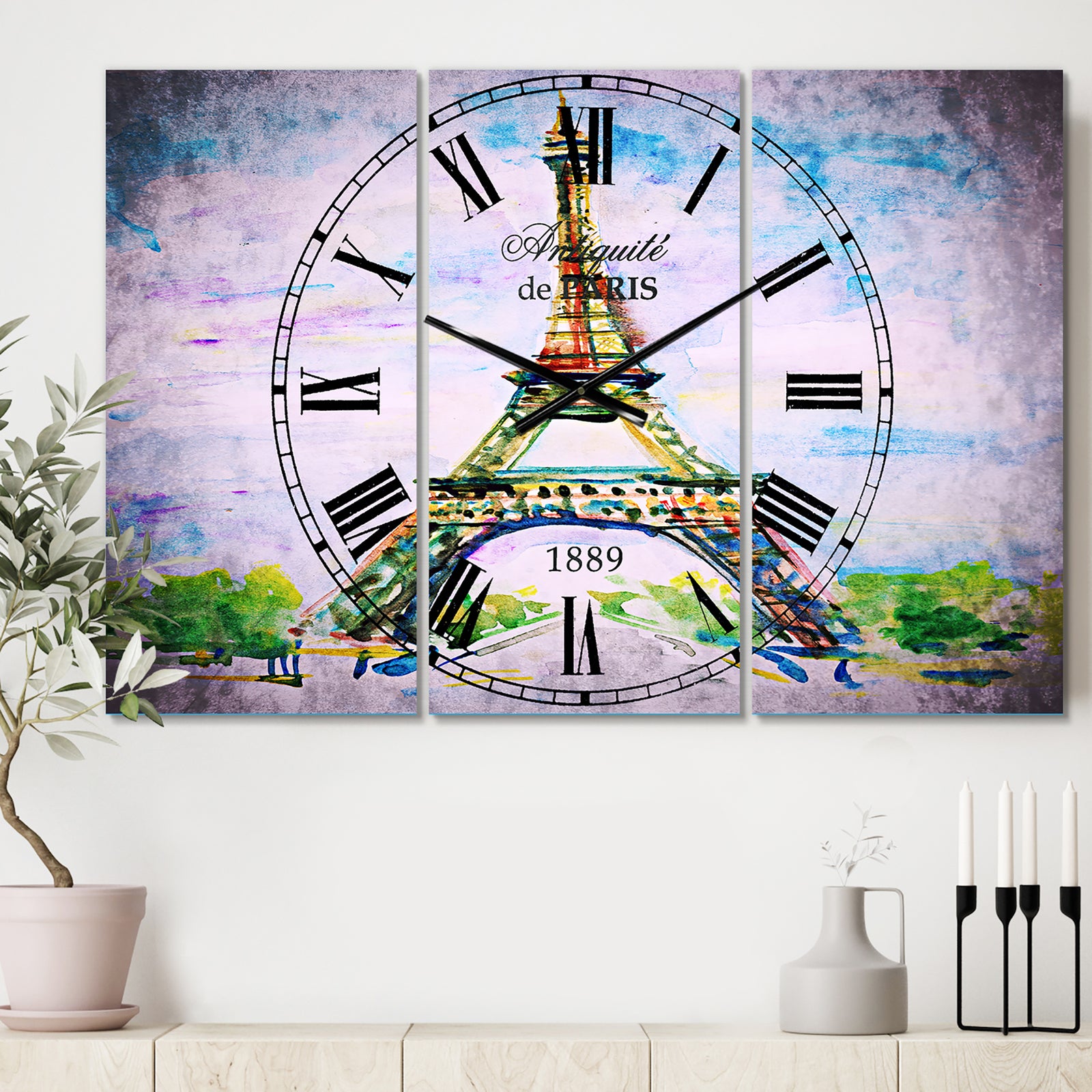 Paris Eiffel Toweragainst Blue Sky - Cottage 3 Panels Large Wall CLock