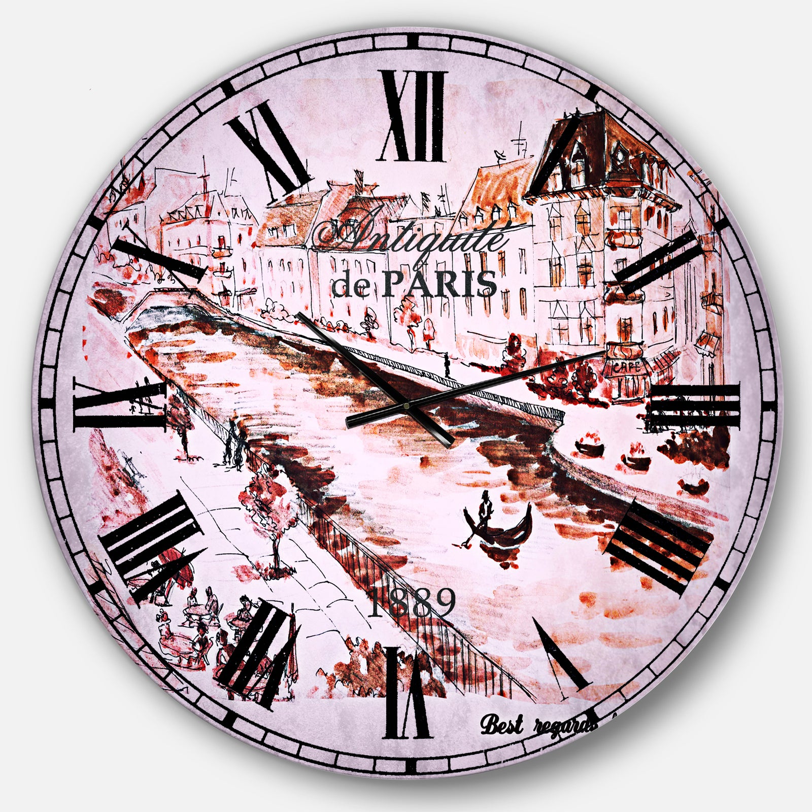 Sepia Hand Drawn Sketch of Paris - Cityscape Large Wall CLock
