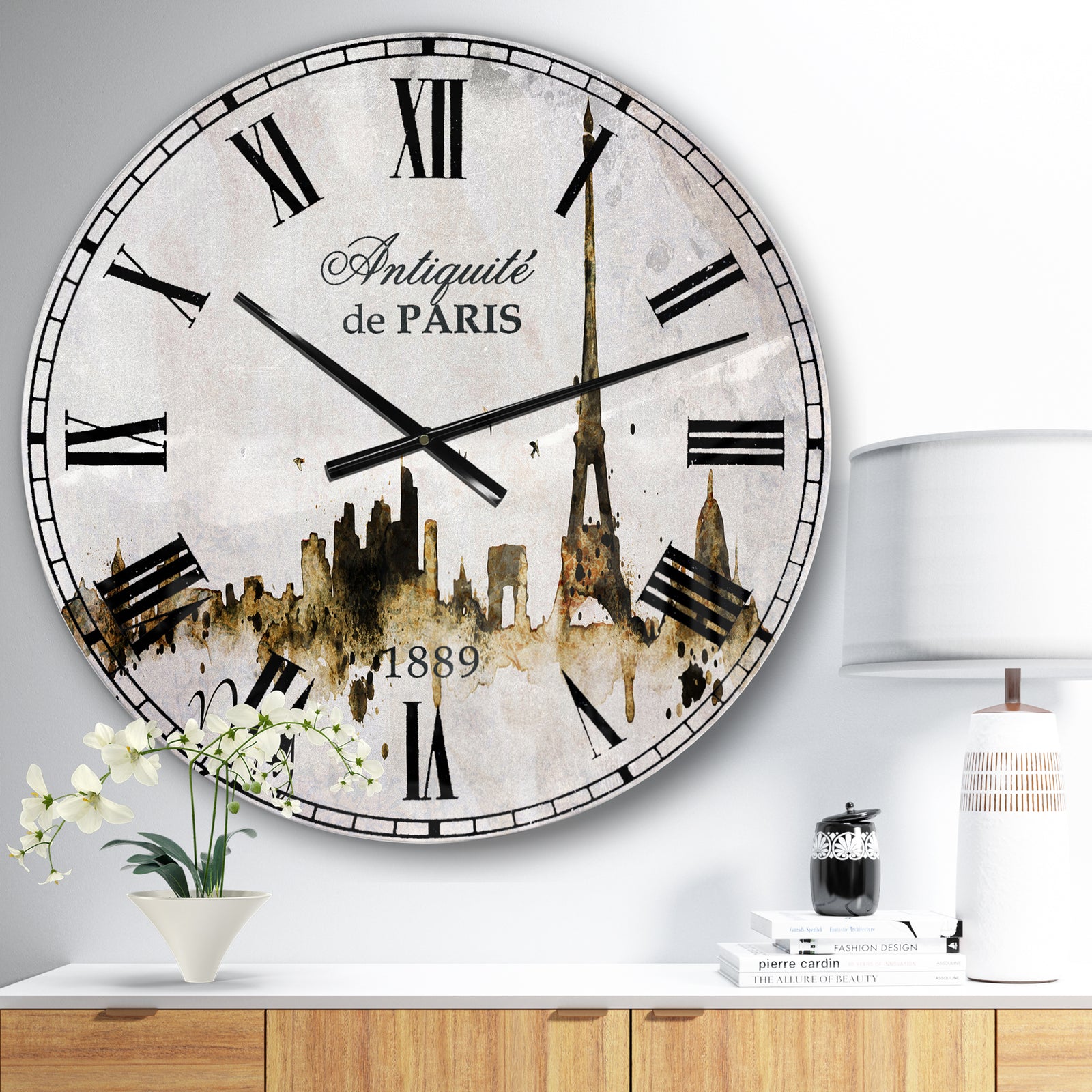Paris with Eiffel Silhouette - Cityscape Large Wall CLock