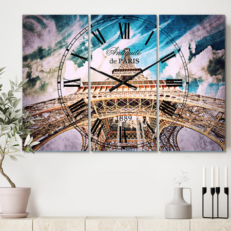 Paris Eiffel TowerUnder Blue Sky - Cottage 3 Panels Oversized Wall CLock