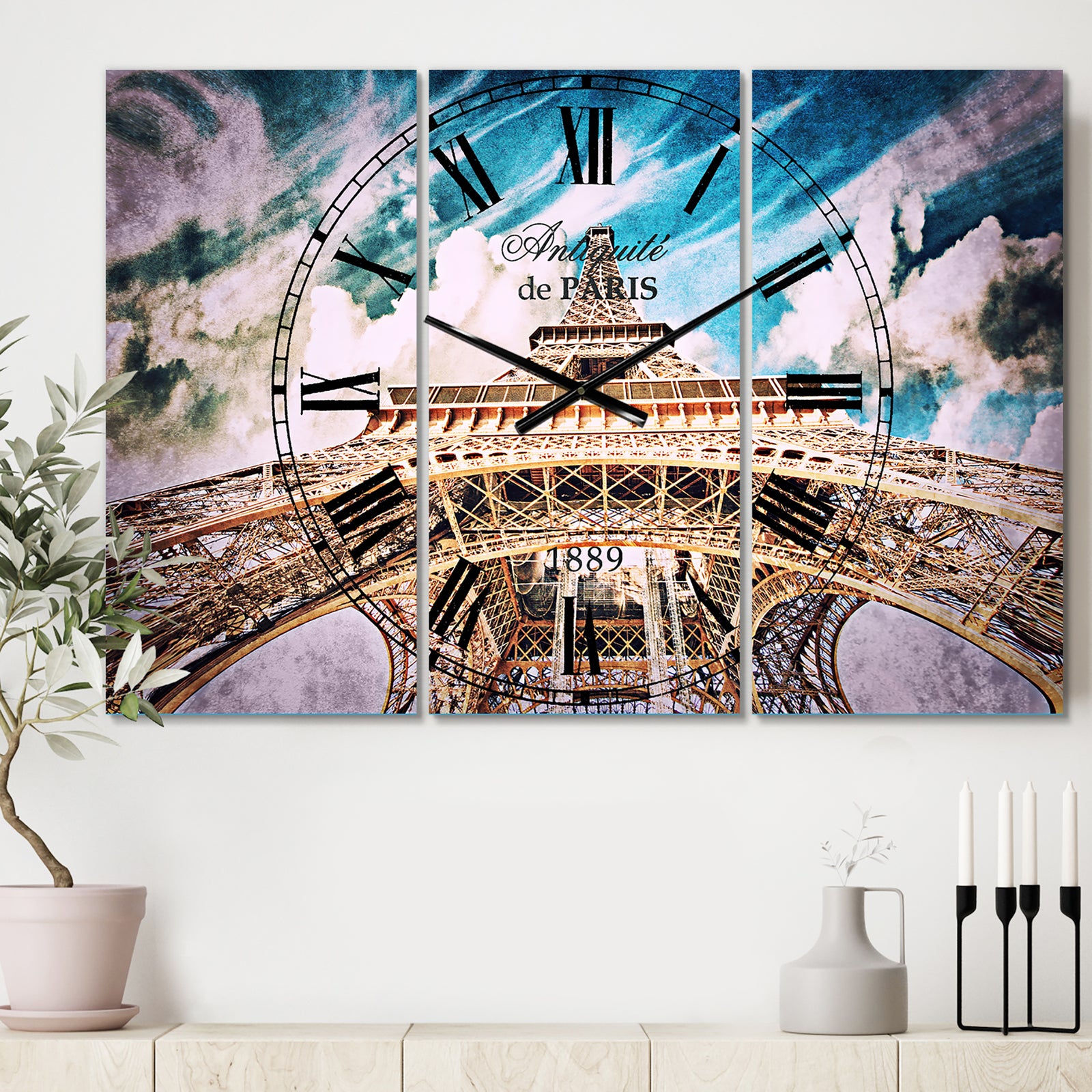 Paris Eiffel TowerUnder Blue Sky - Cottage 3 Panels Oversized Wall CLock