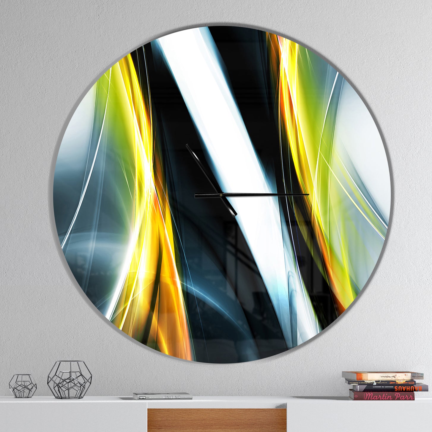 Fractal Lines Yellow White - Oversized Modern Wall CLock