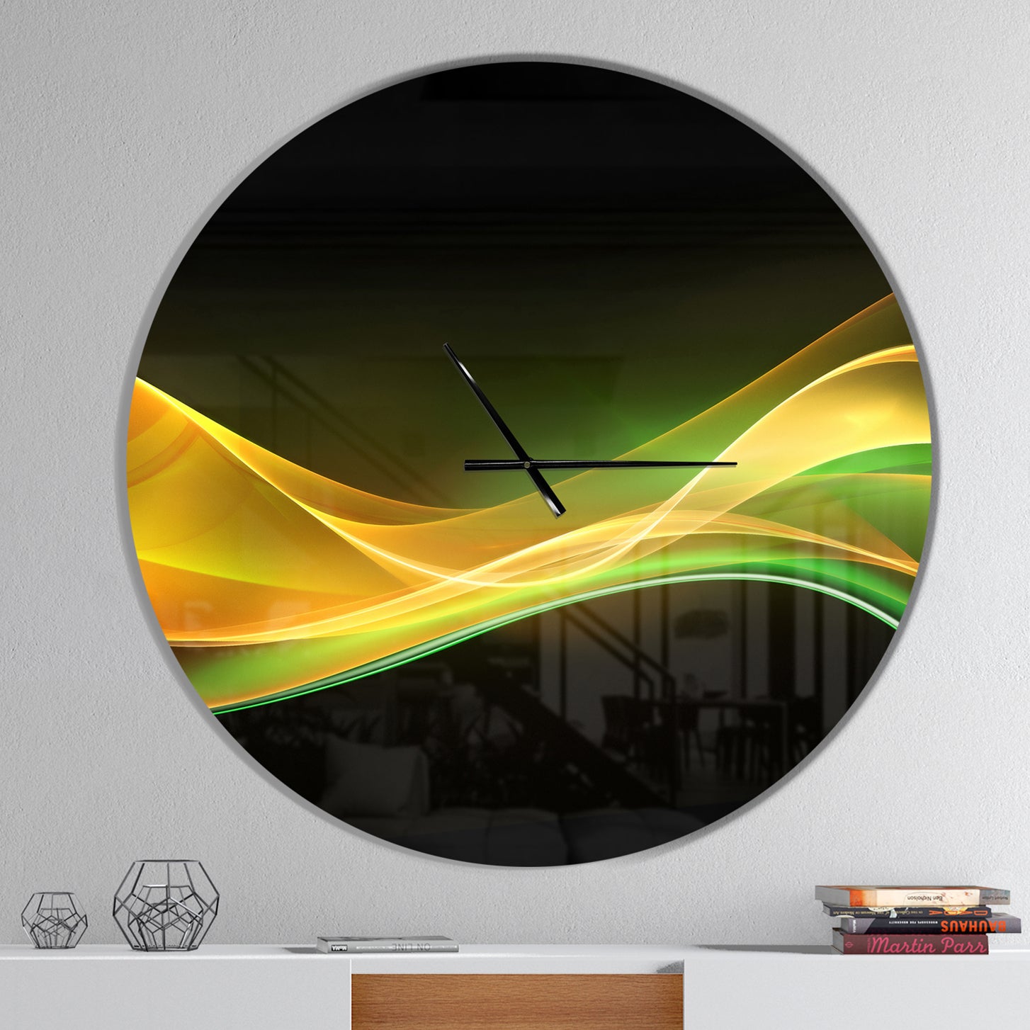 3D Gold Green Wave Design - Oversized Modern Wall CLock