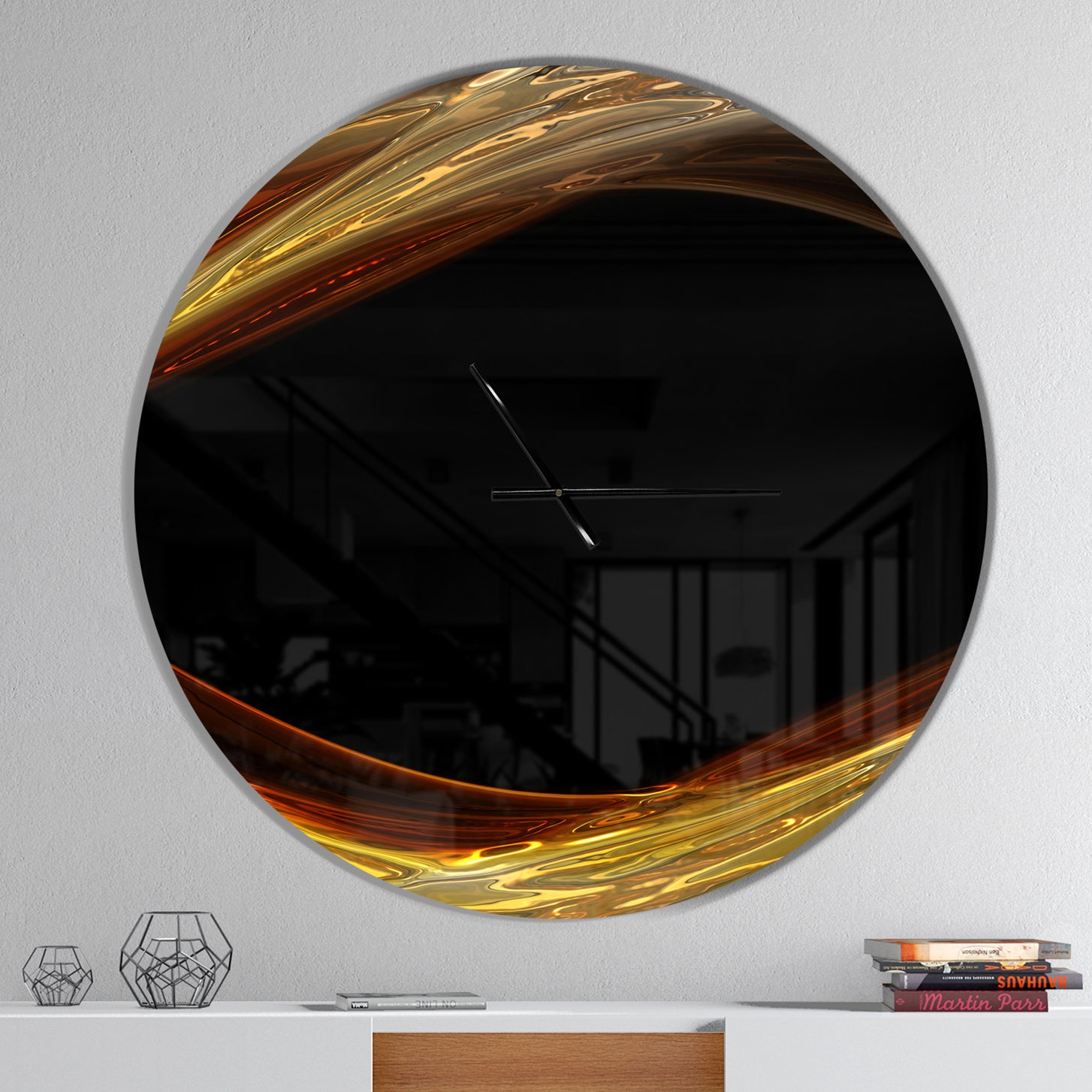 Red Golden Shapes in Black - Large Modern Wall CLock