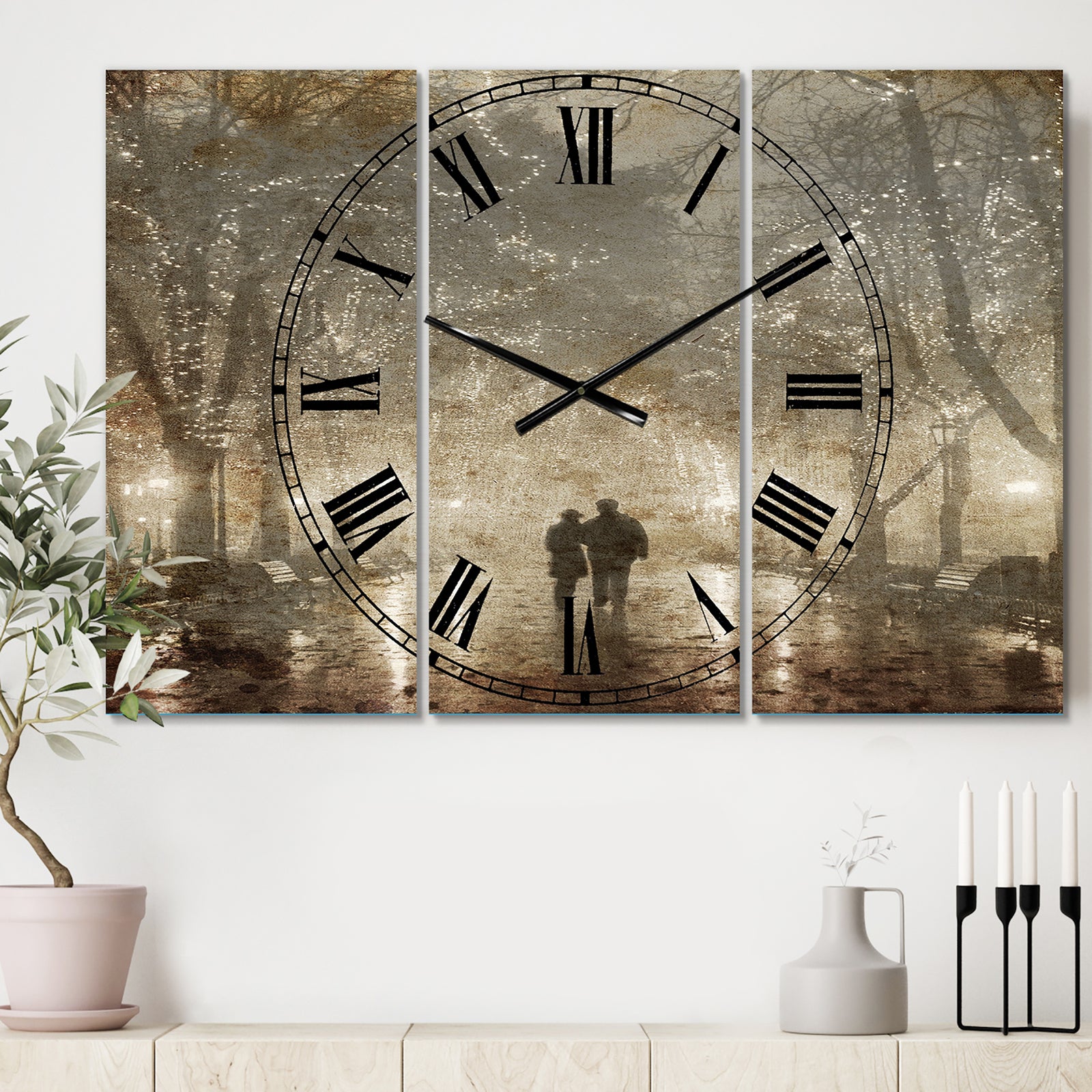 Couple Walking in Night Lights - Cottage 3 Panels Large Wall CLock