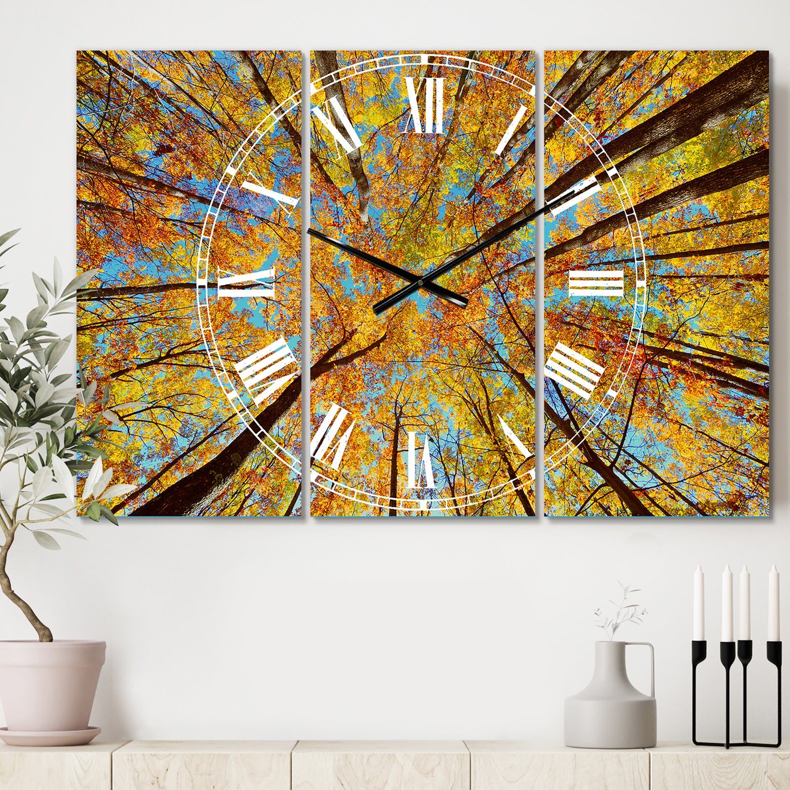 Tree Tops in Autumn Forest - Cottage 3 Panels Large Wall CLock