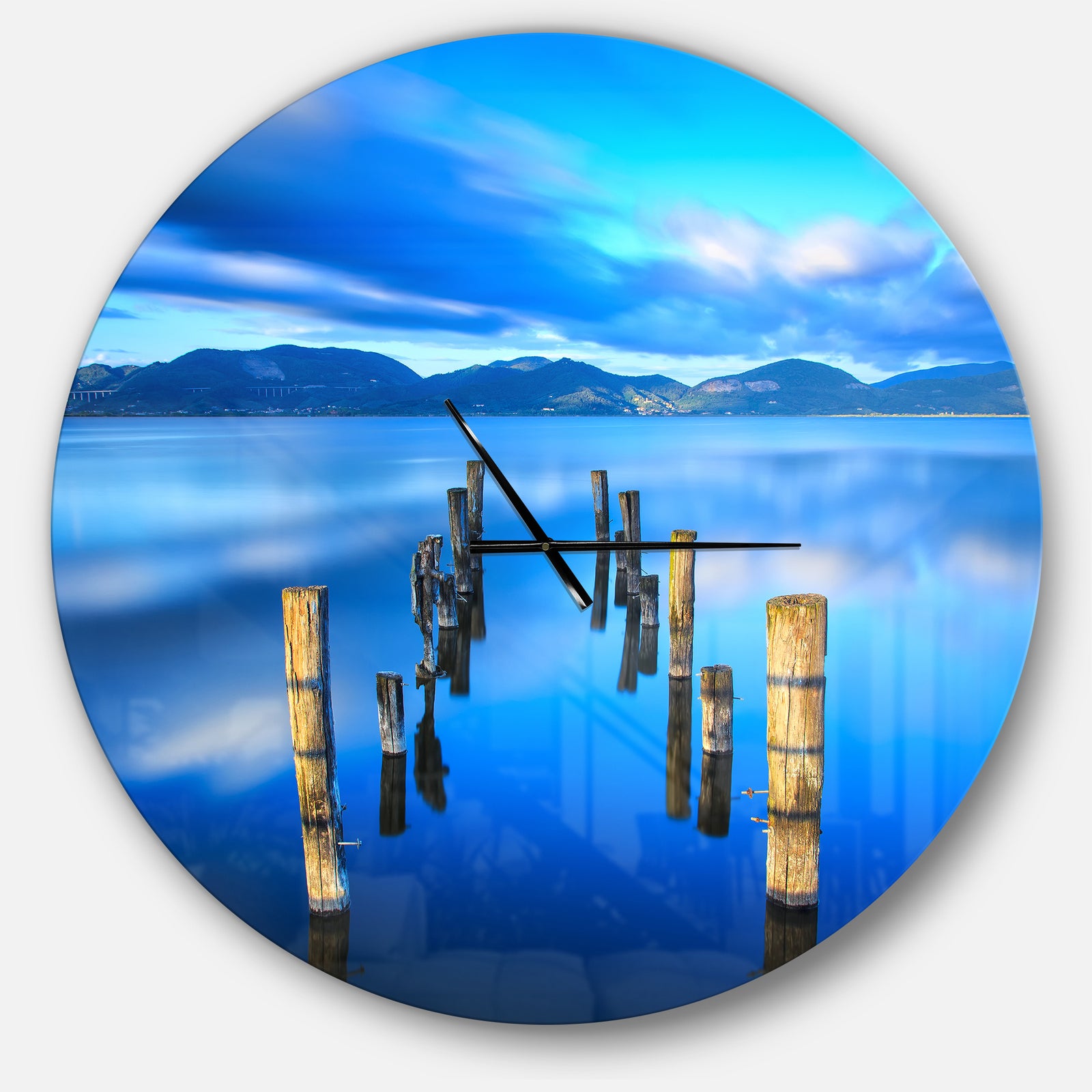 Wooden Pier Remains in Blue Sea - Large Coastal Wall CLock