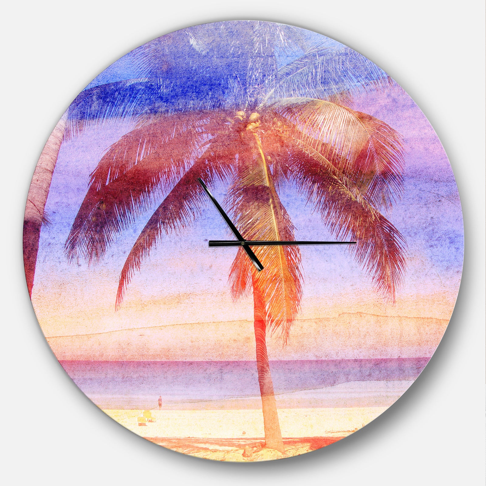Retro Palms Light Blue Watercolor - Oversized Traditional Wall CLock