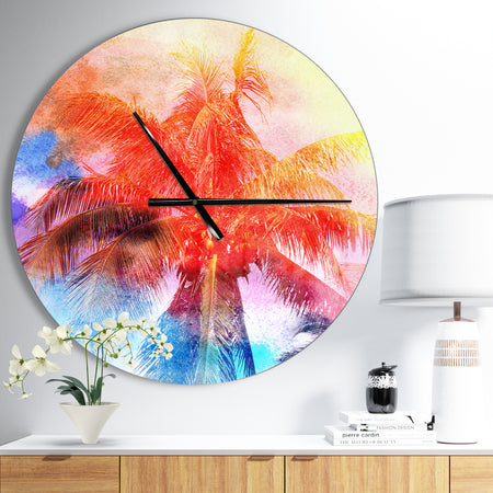 Retro Palms Red Watercolor - Oversized Traditional Wall CLock