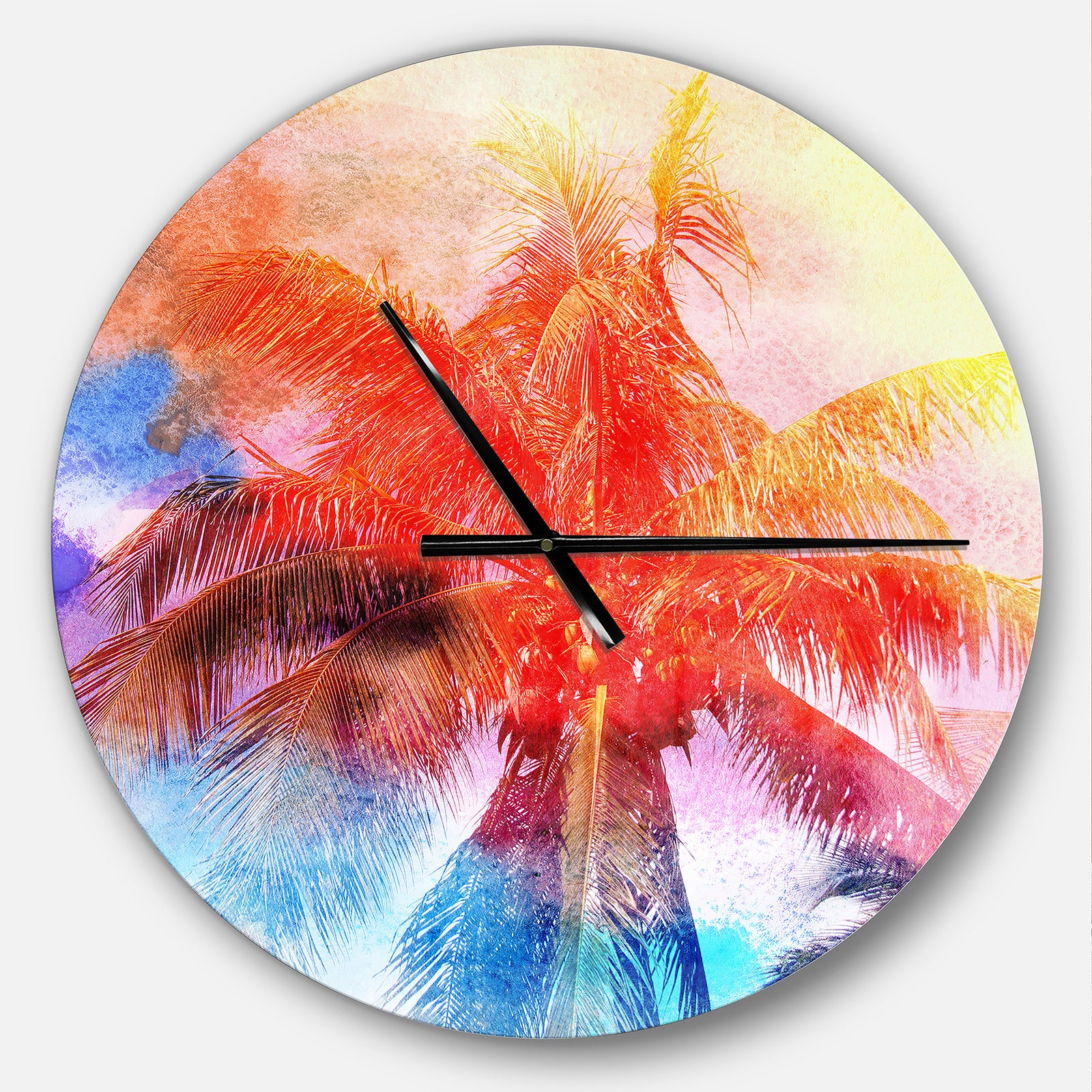 Retro Palms Red Watercolor - Oversized Traditional Wall CLock