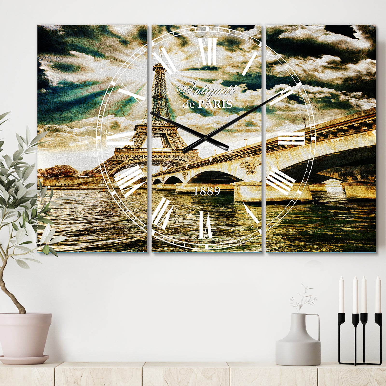 Paris Eiffel Towerand Iena Bridge - Cottage 3 Panels Oversized Wall CLock