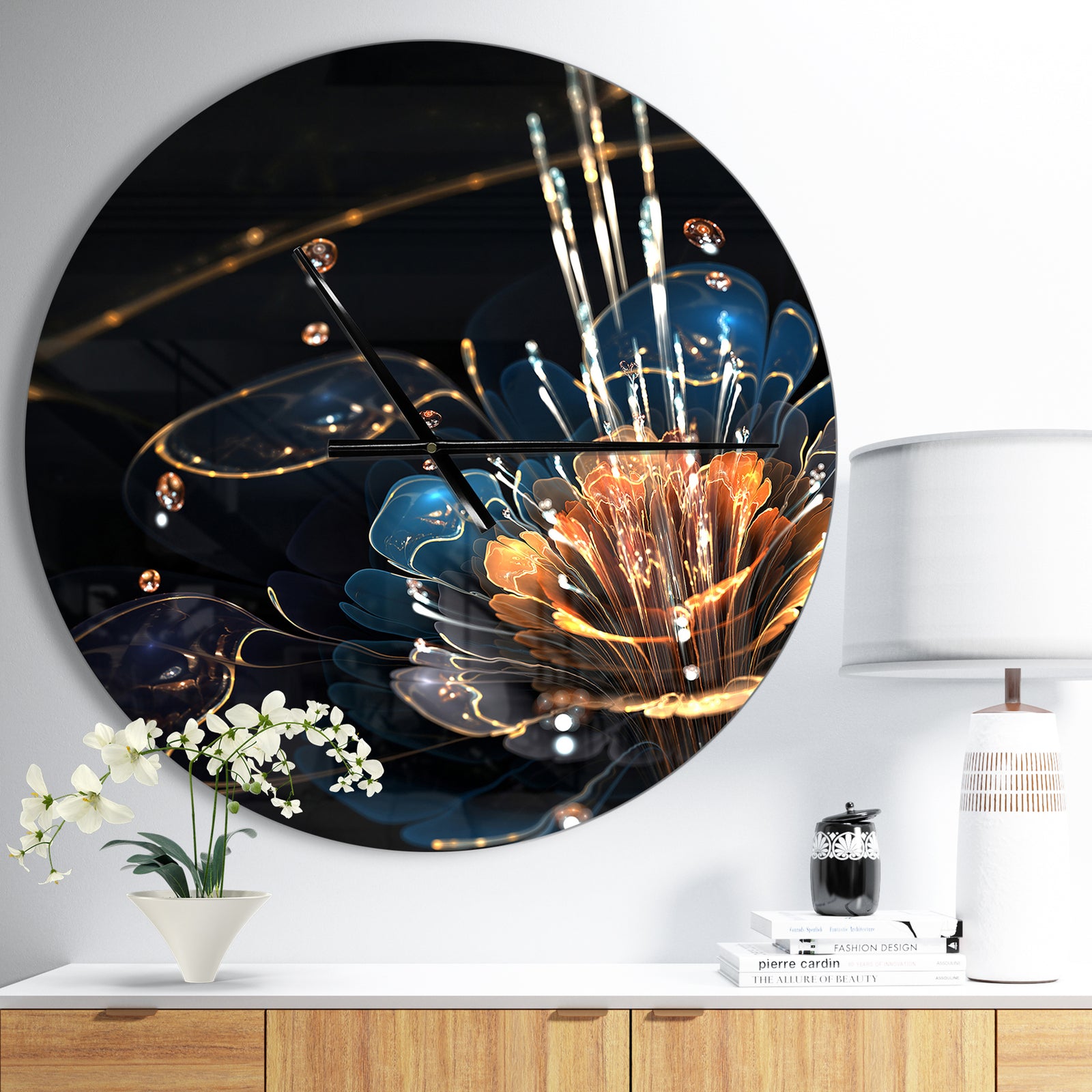 Orange Blue Flower with Water Drops - Oversized Modern Wall CLock