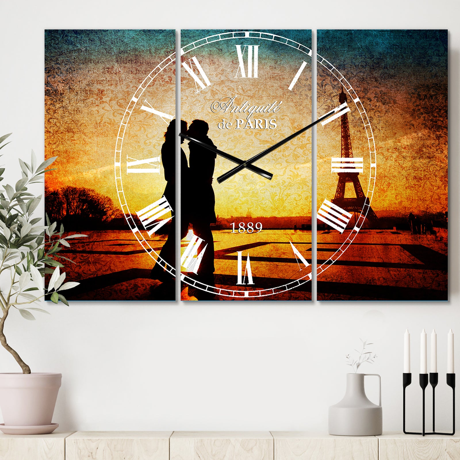 Eiffel with Kissing Couple - Cottage 3 Panels Oversized Wall CLock