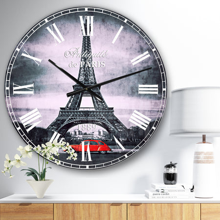 Eiffel and Old Red Car - Landscape Oversized Wall CLock