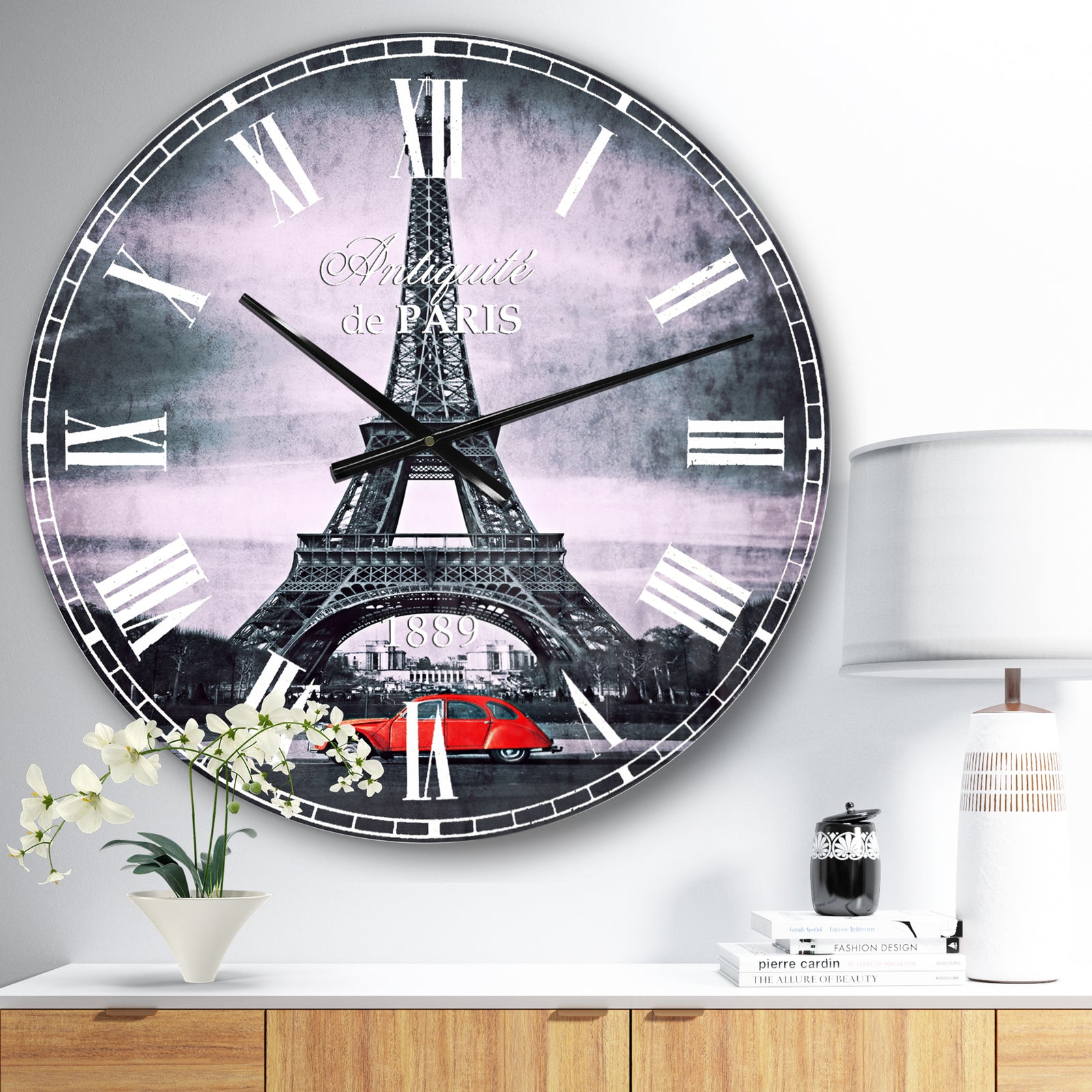 Eiffel and Old Red Car - Landscape Oversized Wall CLock