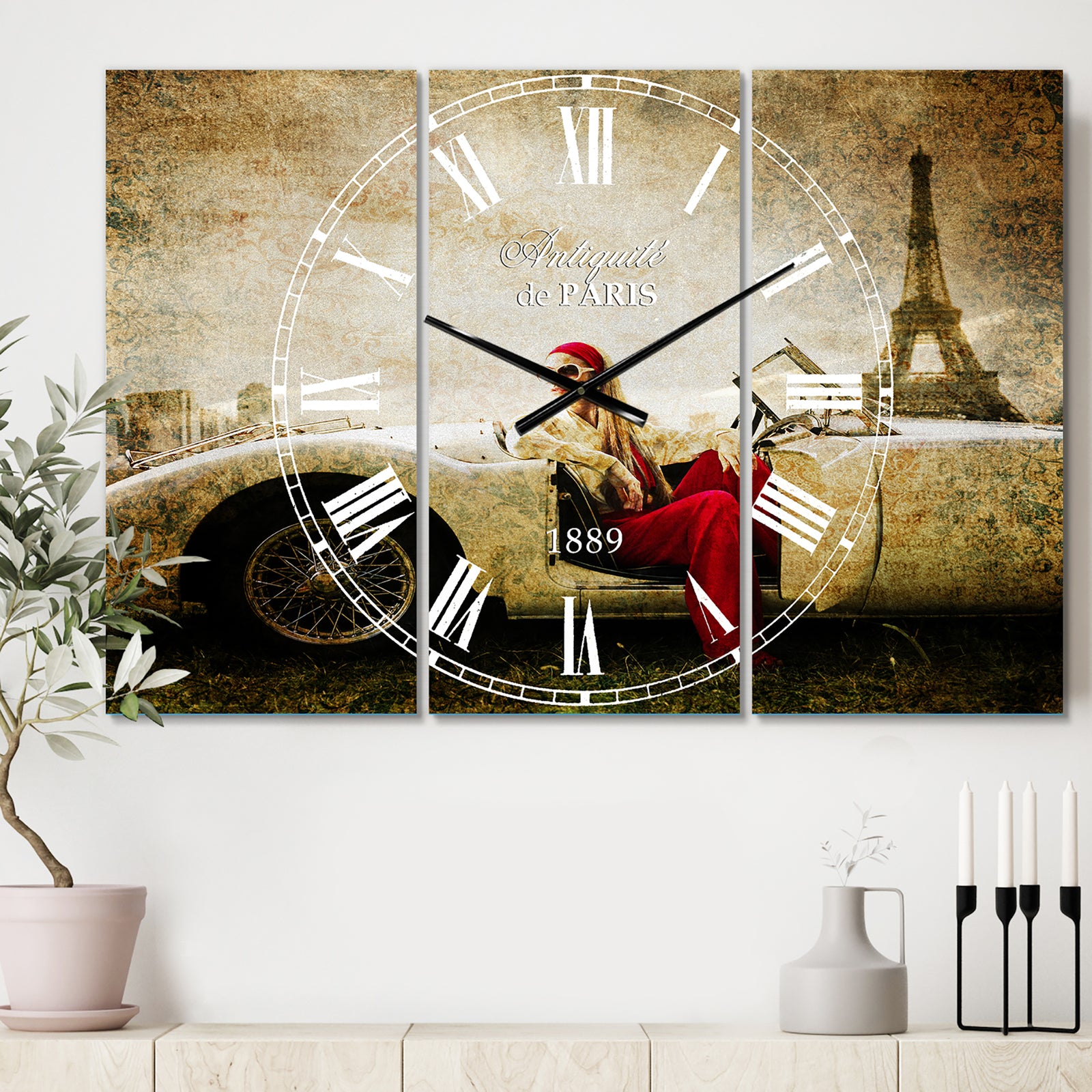 Fashion Woman in Car - Glam 3 Panels Large Wall CLock