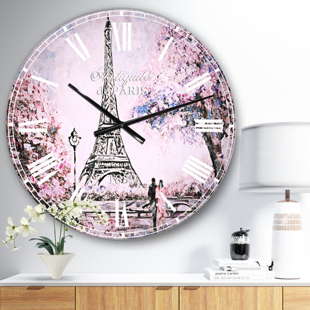 Eiffel with Pink Flowers - Vintage Large Wall CLock