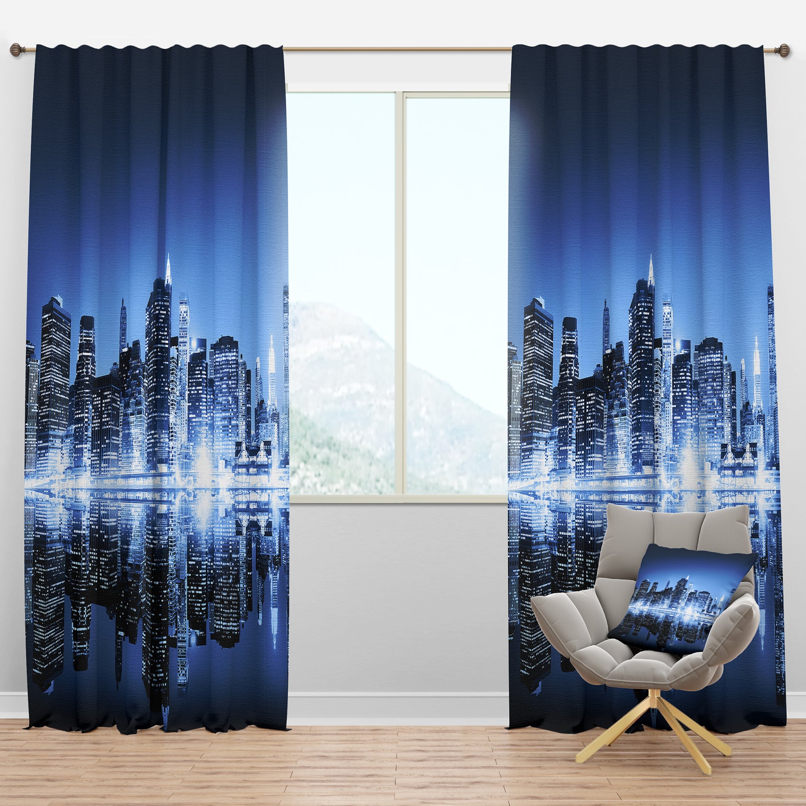 Night New York City Mirrored - Cityscape Curtain Panels
