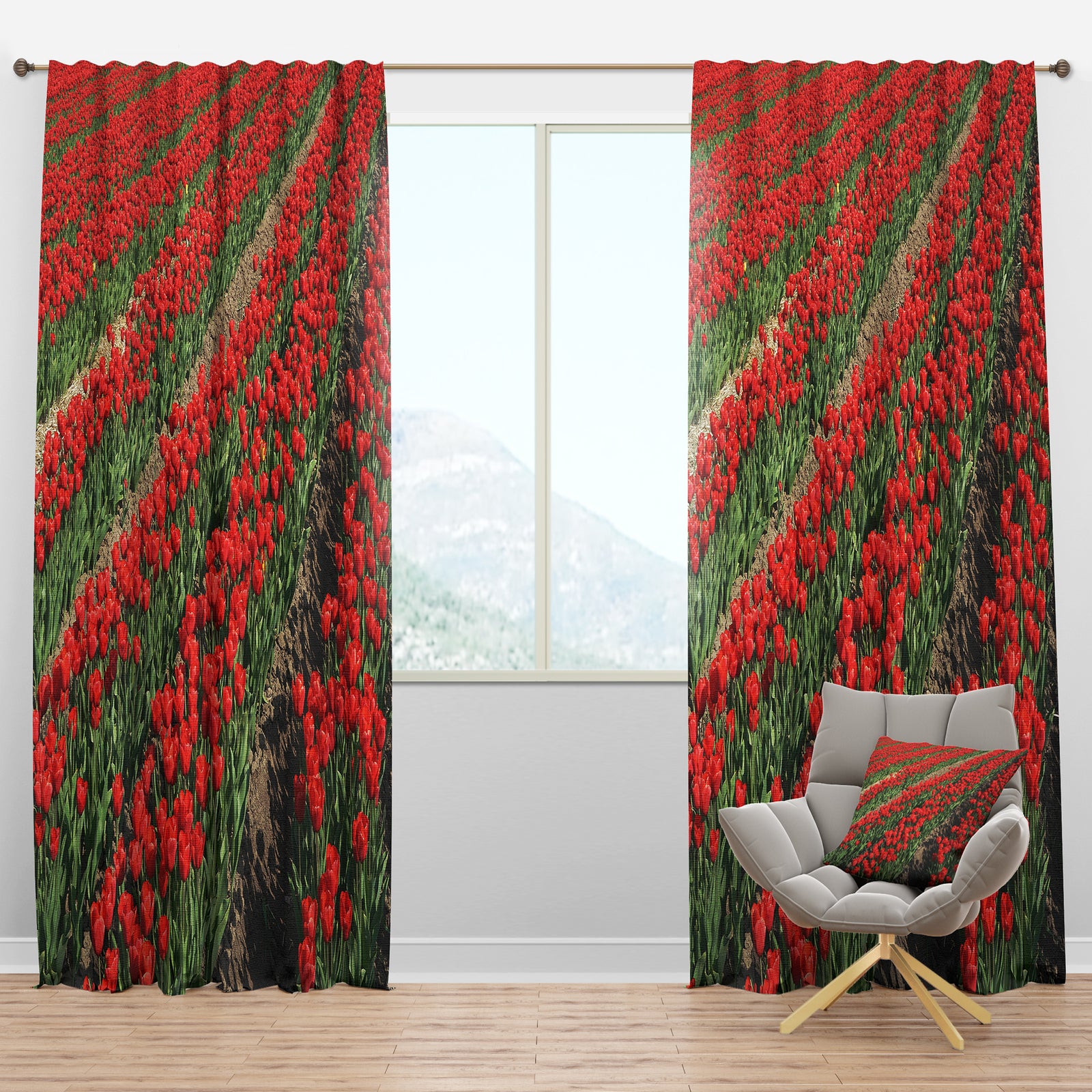 Rows of Red Tulip Flowers - Floral Curtain Panels