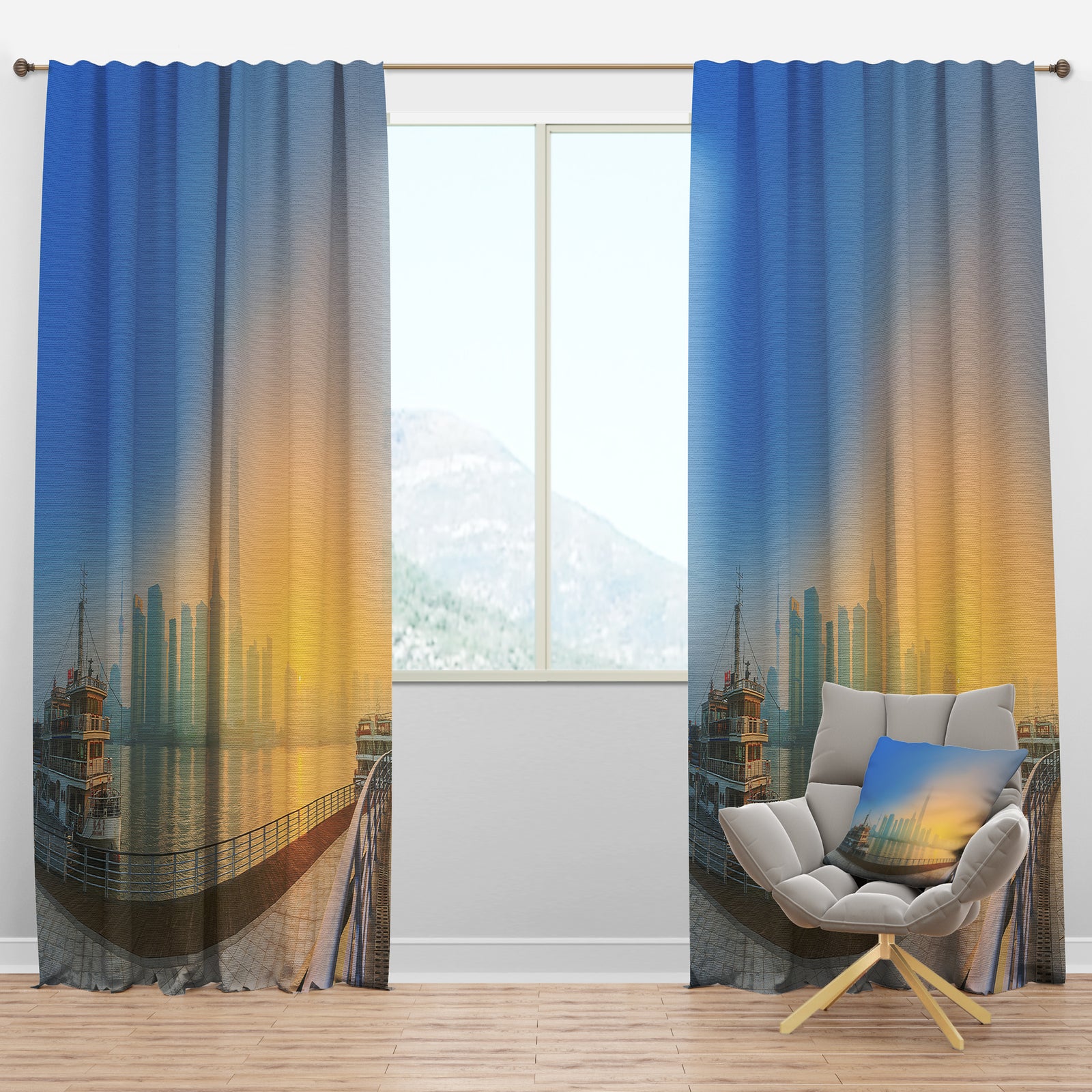 Shanghais Night with Lights - Cityscape Curtain Panels