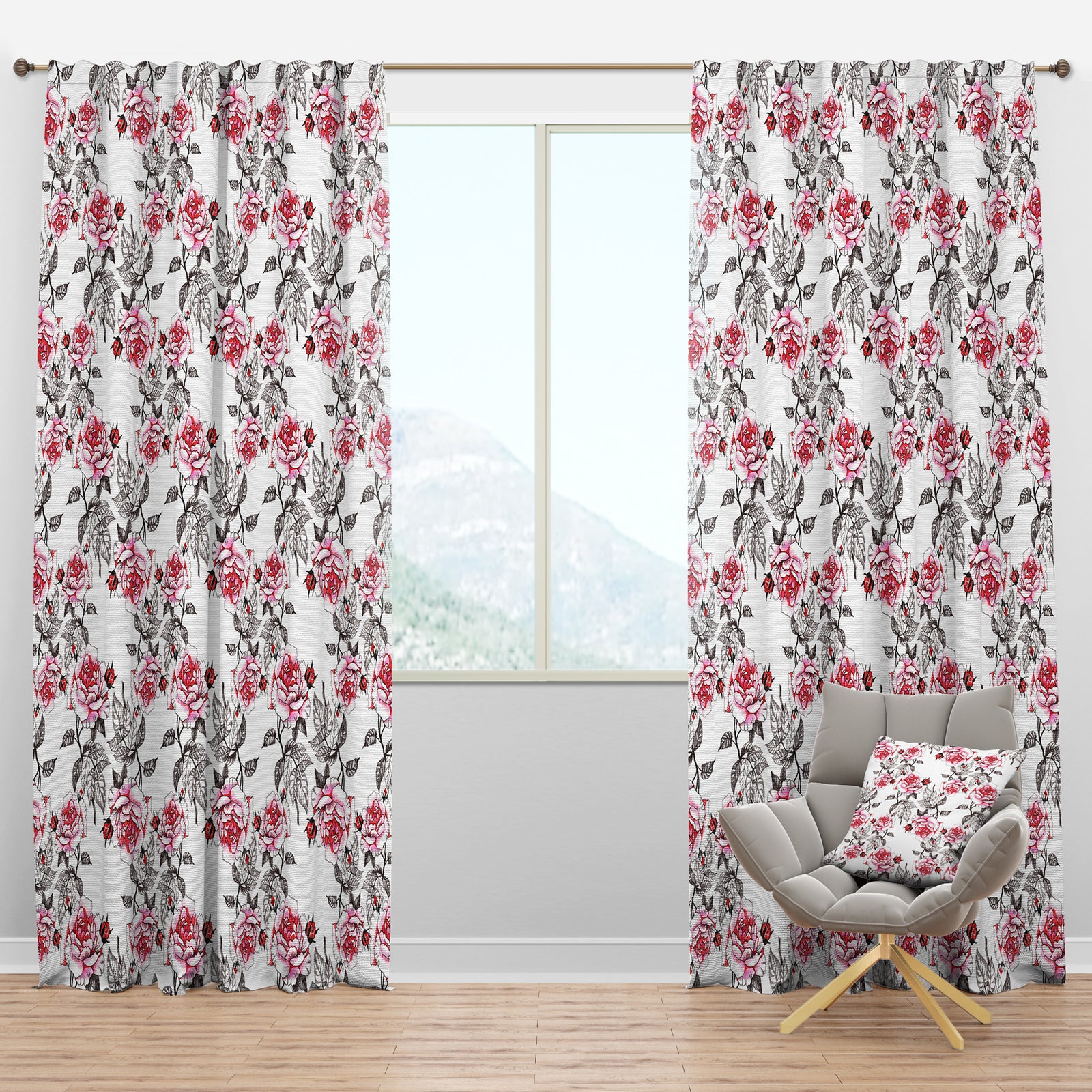 Seamless pattern with red roses - Floral Curtain Panels