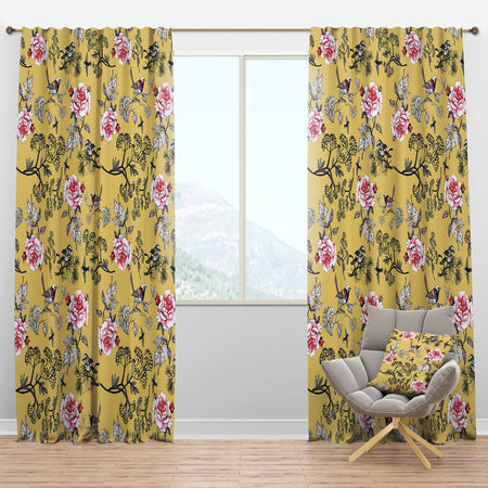 Birds and Pink Roses Floral pattern - Floral Curtain Panels